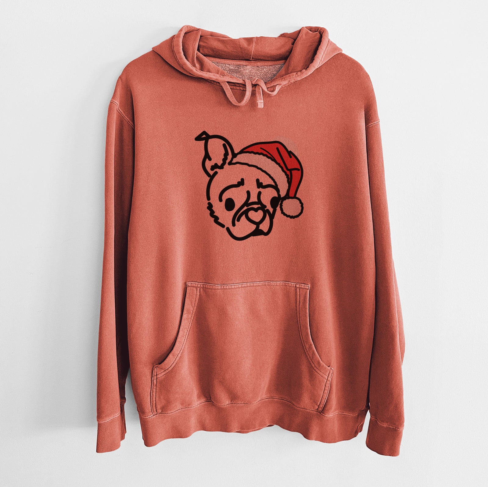 Minimalist line drawing of Bella the Pug Boston Terrier Mix wearing a Santa hat on an Amber Unisex pigment dyed hoodie
