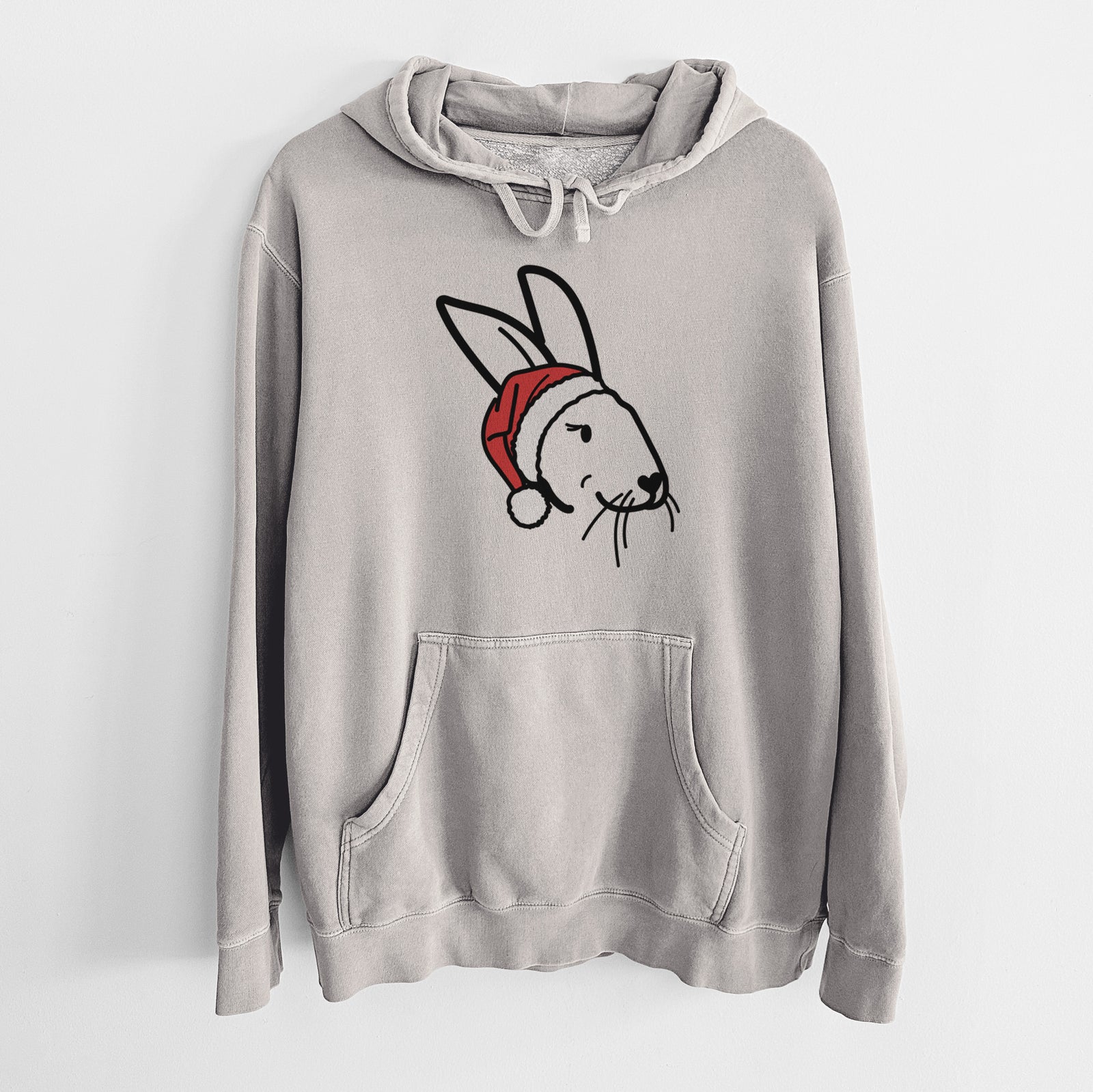 Minimalist line drawing of Betsy the Rex Rabbit wearing a Santa hat on a Cement Unisex pigment dyed hoodie