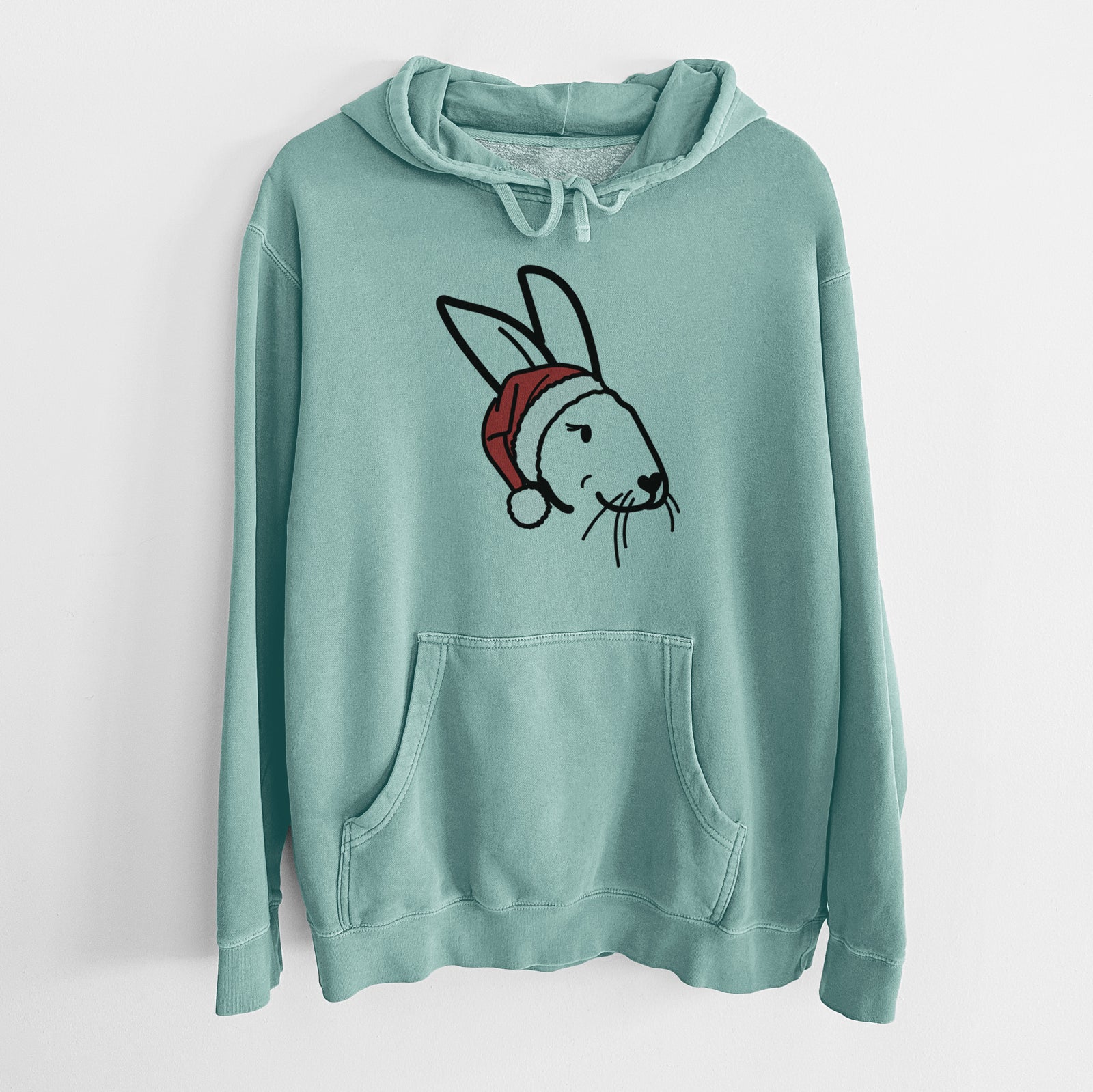 Minimalist line drawing of Betsy the Rex Rabbit wearing a Santa hat on a Mint Unisex pigment dyed hoodie