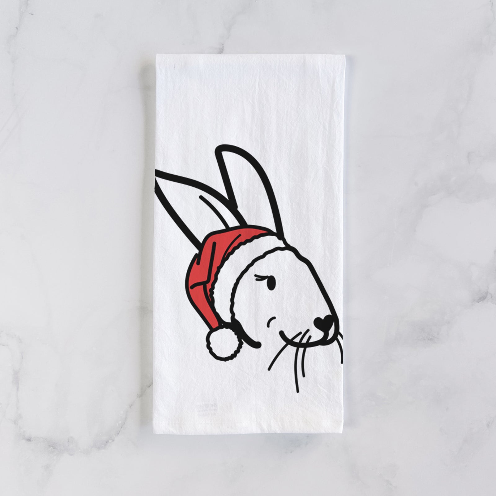 Minimalist line drawing of Betsy the Rex Rabbit wearing a Santa hat on a tea towel