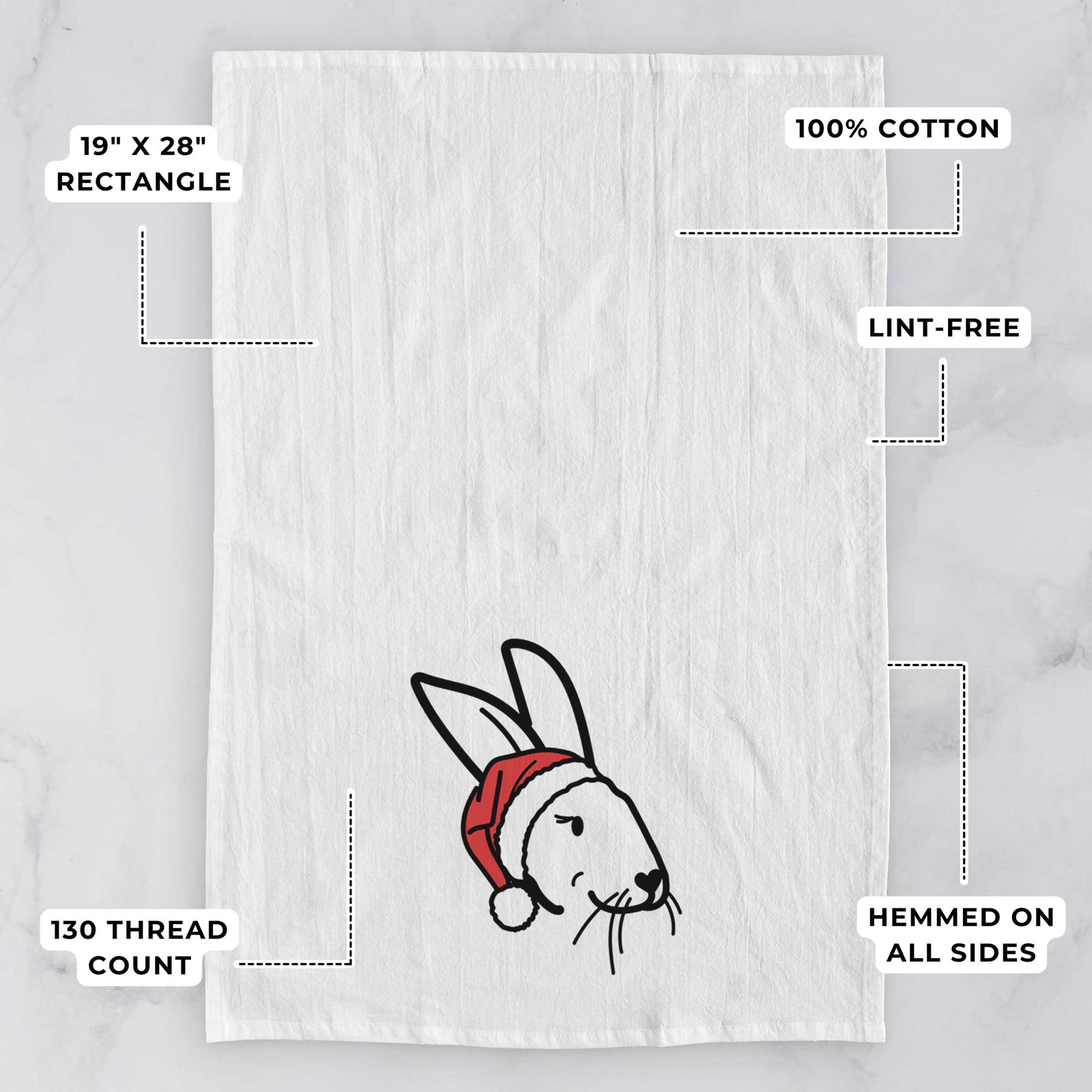 Minimalist line drawing of Betsy the Rex Rabbit wearing a Santa hat on a tea towel, with feature callouts: 19 x 28 inch rectangle, 100% cotton, lint-free, 120 thread count, hemmed on all sides
