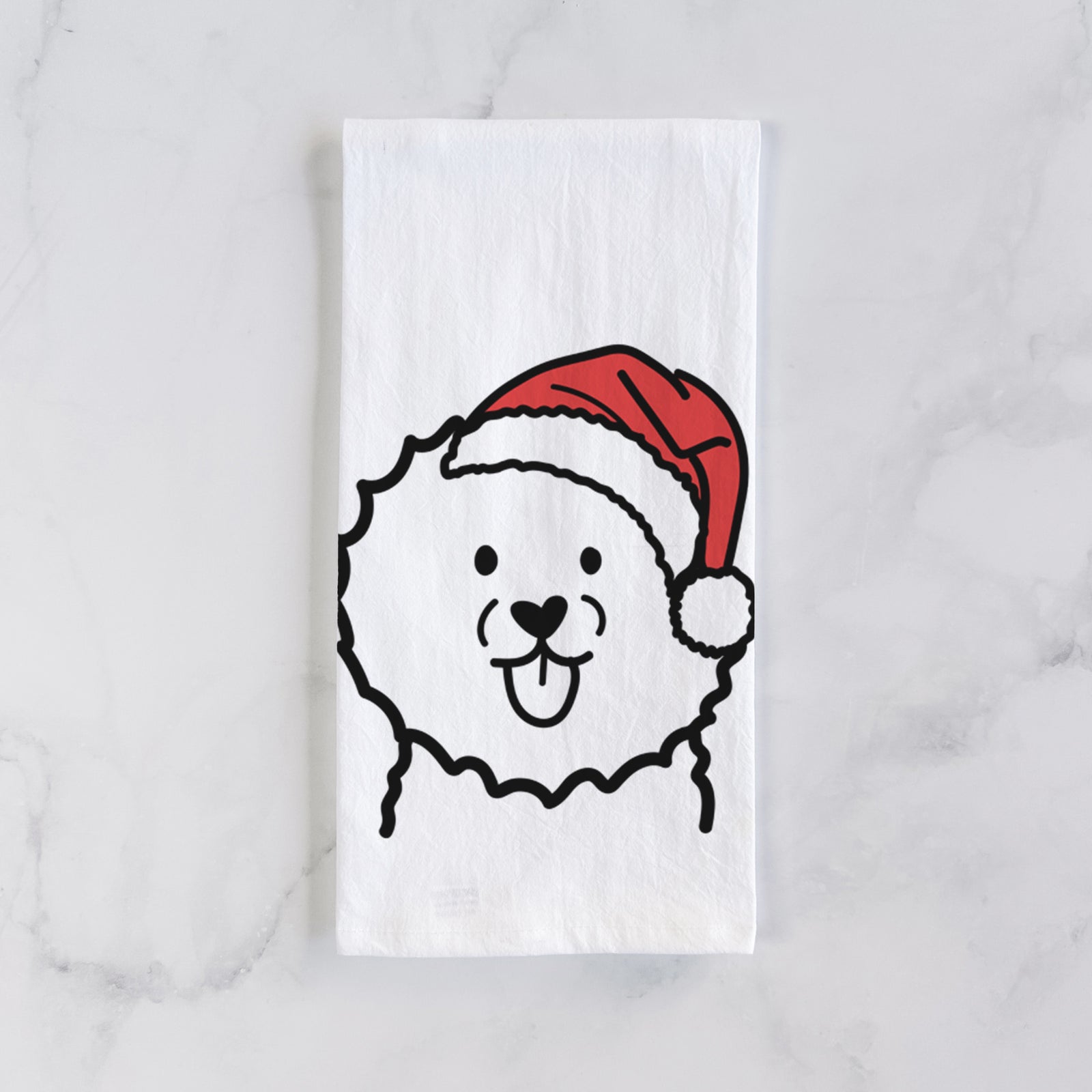 Minimalist line drawing of a Bichon Frise wearing a Santa hat on a tea towel