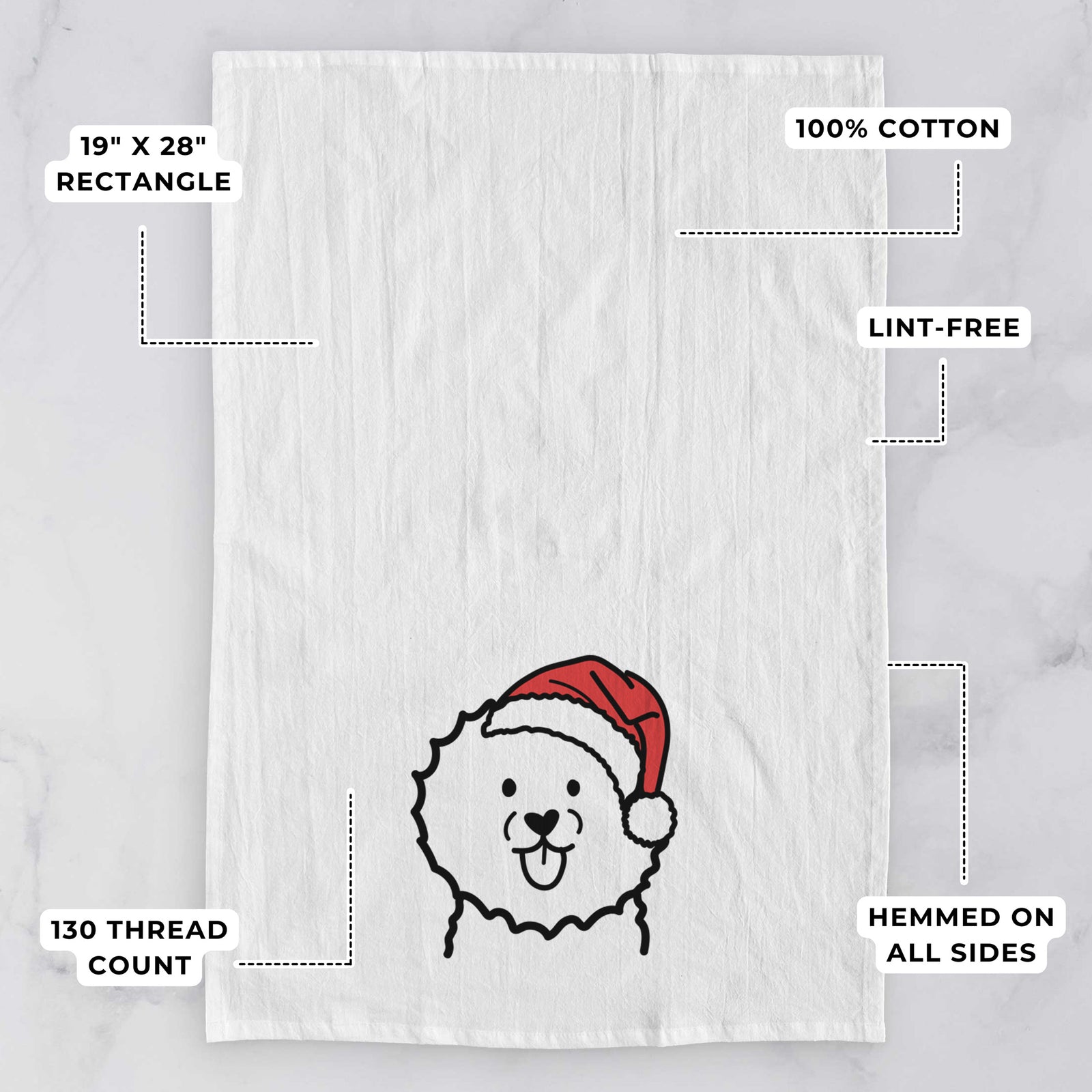 Minimalist line drawing of a Bichon Frise wearing a Santa hat on a tea towel, with feature callouts: 19 x 28 inch rectangle, 100% cotton, lint-free, 120 thread count, hemmed on all sides