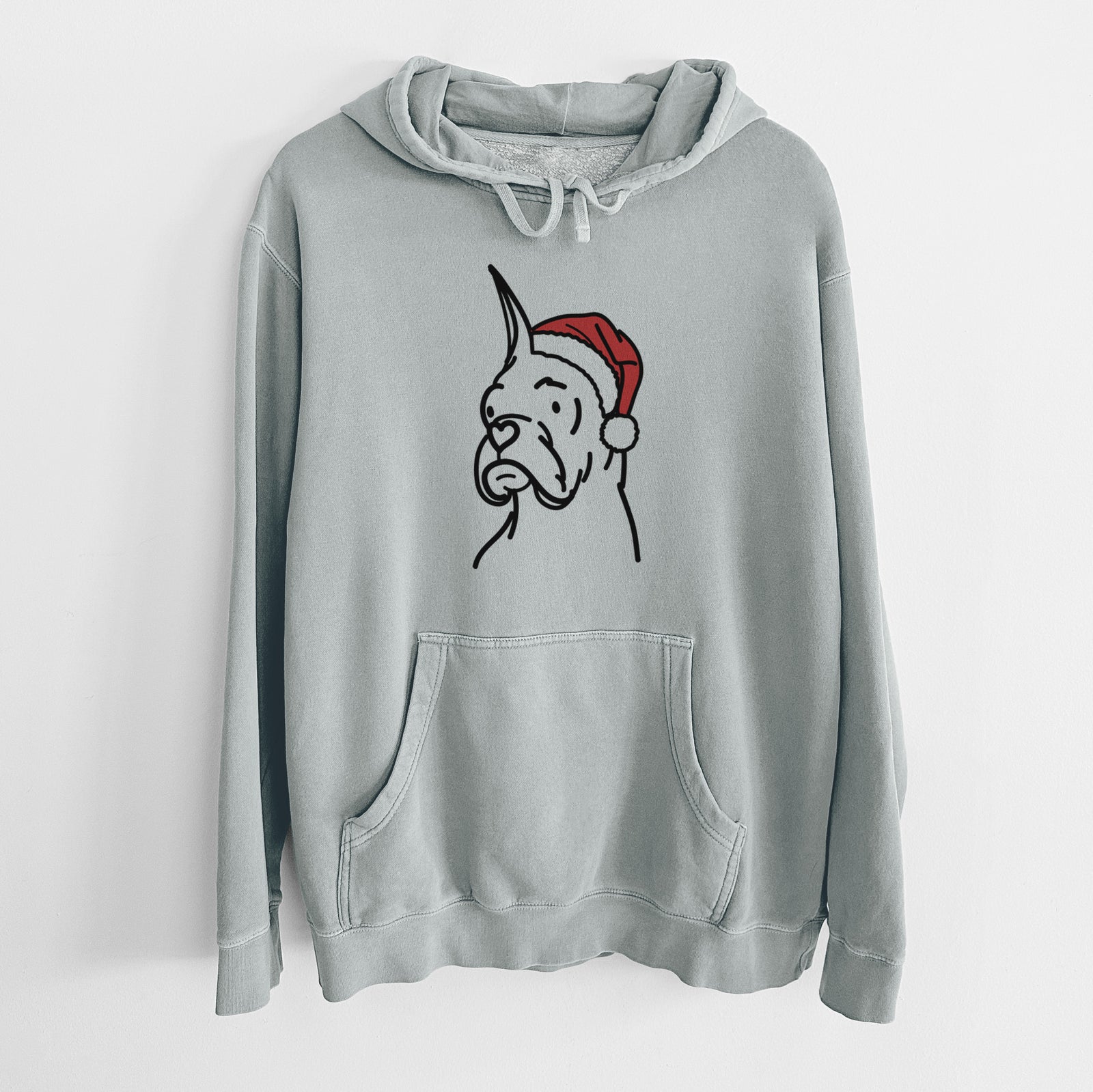 Minimalist line drawing of Billy the Rescue Boxer wearing a Santa hat on a Sage Unisex pigment dyed hoodie