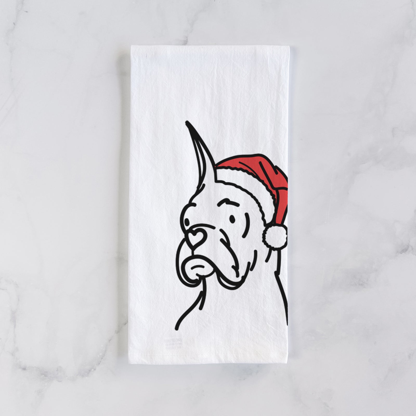 Minimalist line drawing of Billy the Rescue Boxer wearing a Santa hat on a tea towel