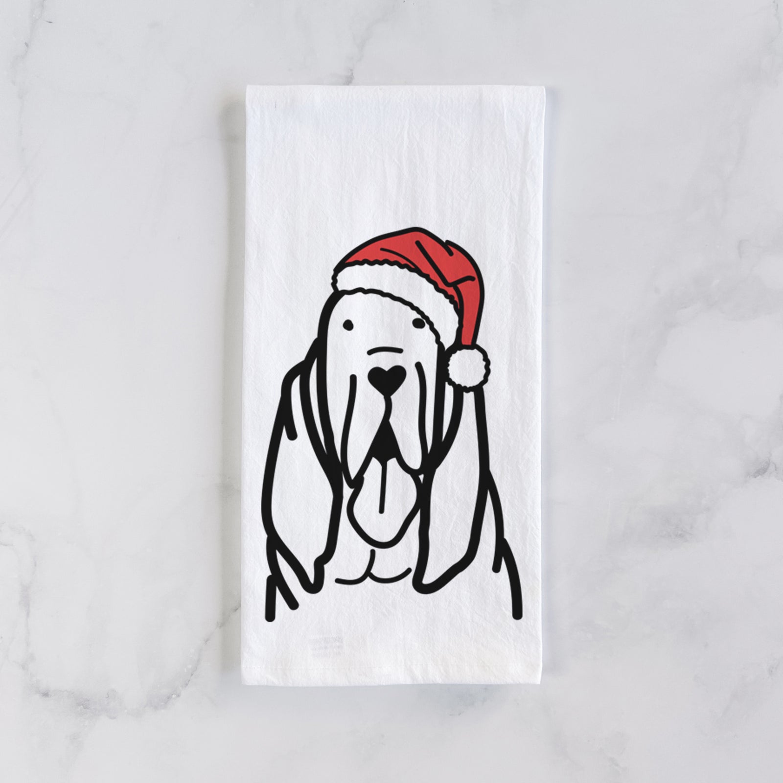 Minimalist line drawing of a Bloodhound wearing a Santa hat on a tea towel