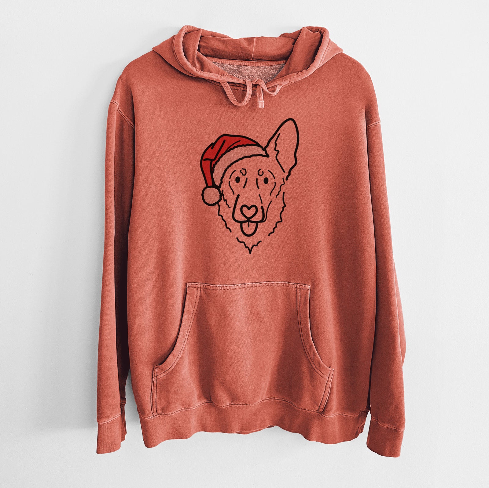 Minimalist line drawing of Bodhi the Shepherd Mix wearing a Santa hat on an Amber Unisex pigment dyed hoodie