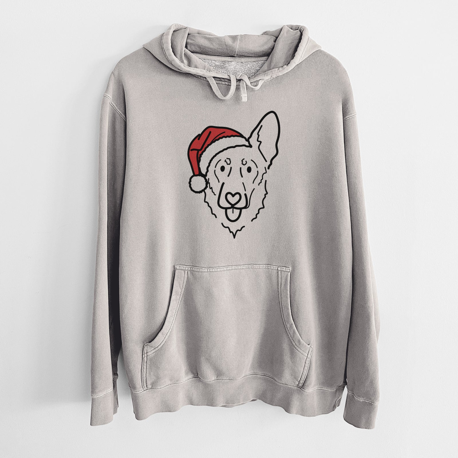 Minimalist line drawing of Bodhi the Shepherd Mix wearing a Santa hat on a Cement Unisex pigment dyed hoodie