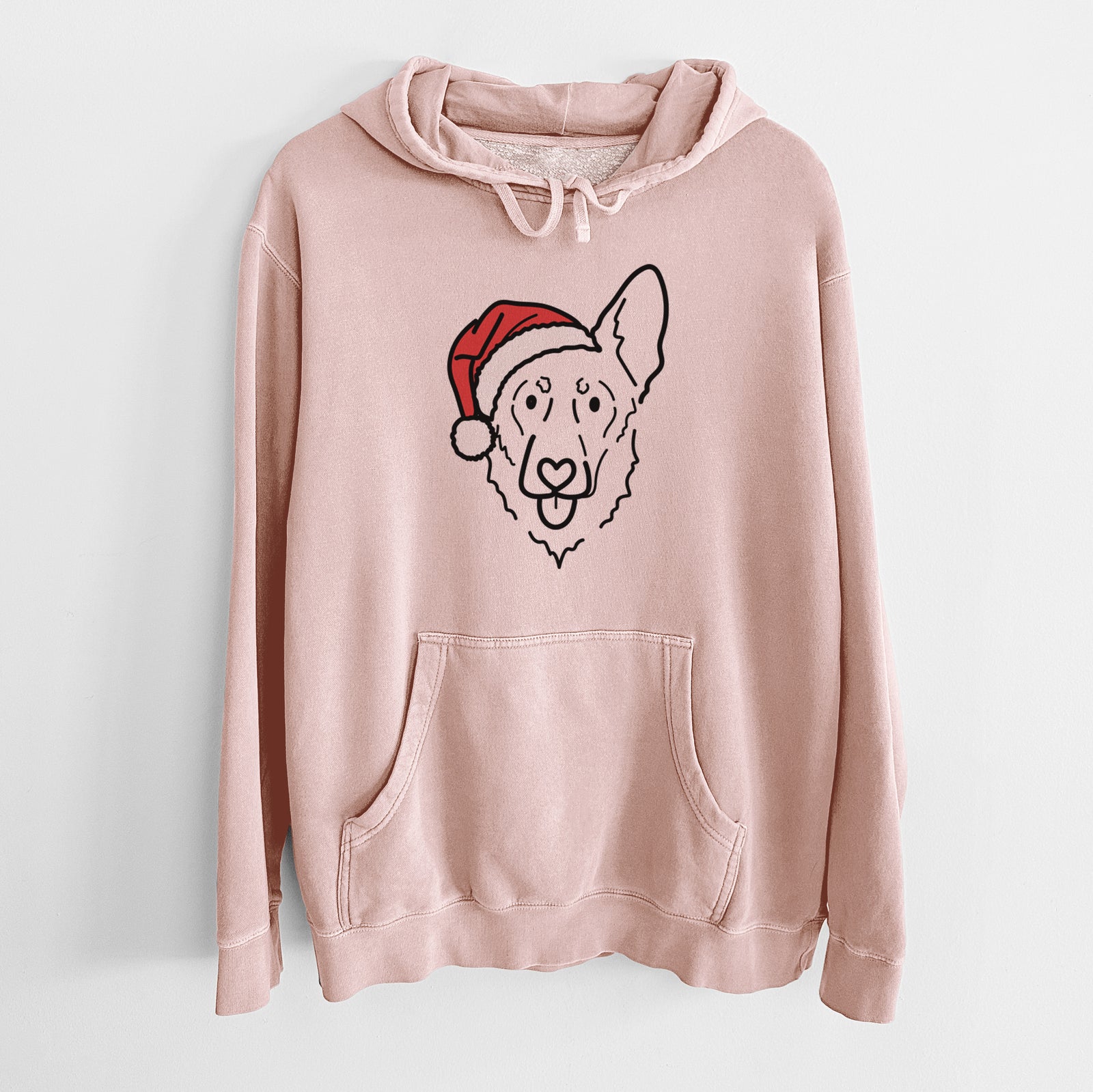 Minimalist line drawing of Bodhi the Shepherd Mix wearing a Santa hat on a Dusty Pink Unisex pigment dyed hoodie