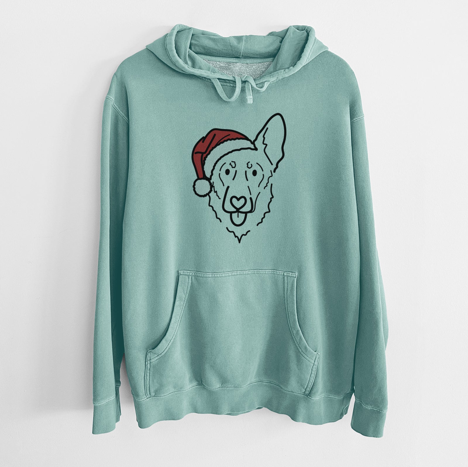 Minimalist line drawing of Bodhi the Shepherd Mix wearing a Santa hat on a Mint Unisex pigment dyed hoodie