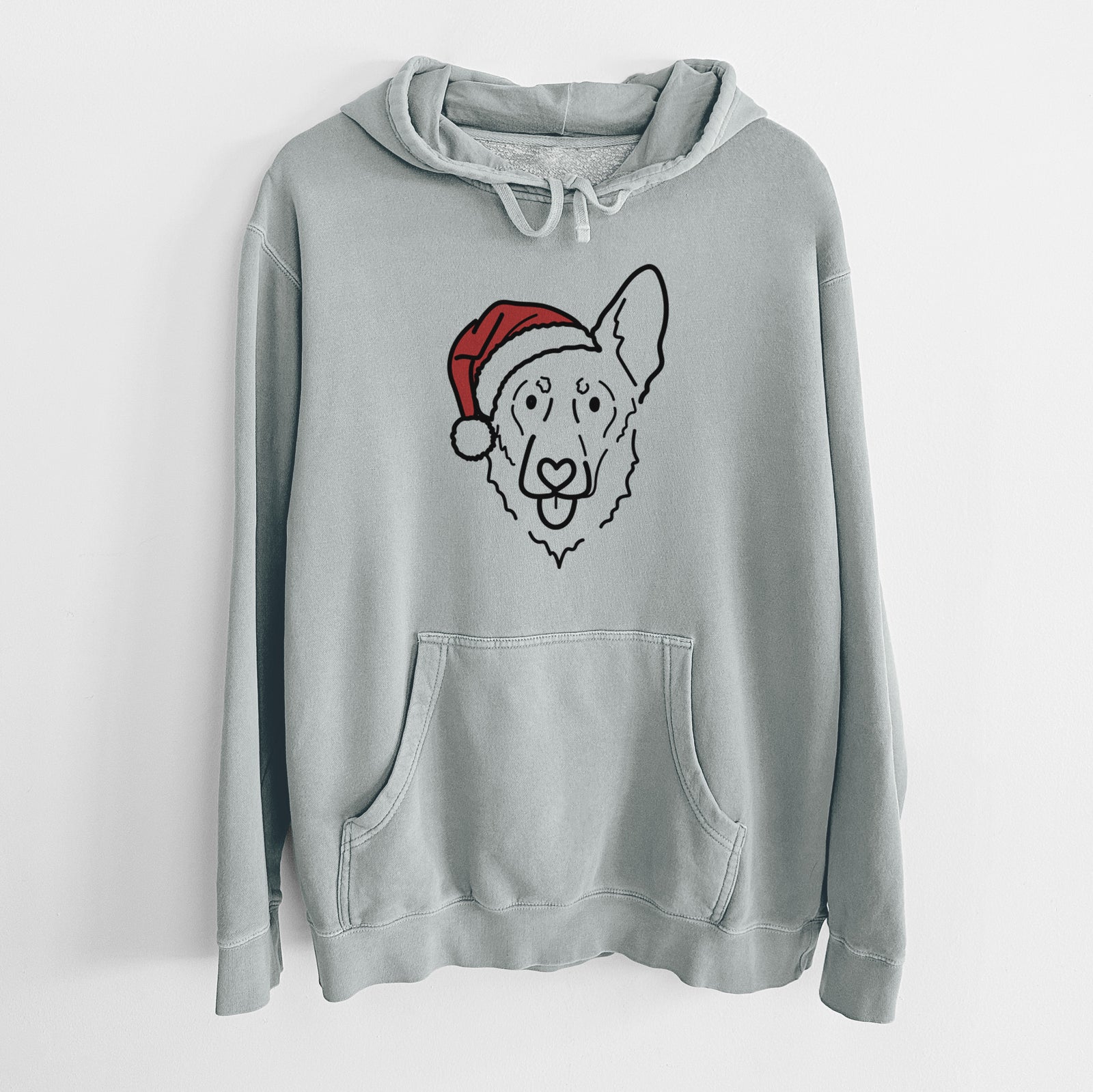 Minimalist line drawing of Bodhi the Shepherd Mix wearing a Santa hat on a Sage Unisex pigment dyed hoodie
