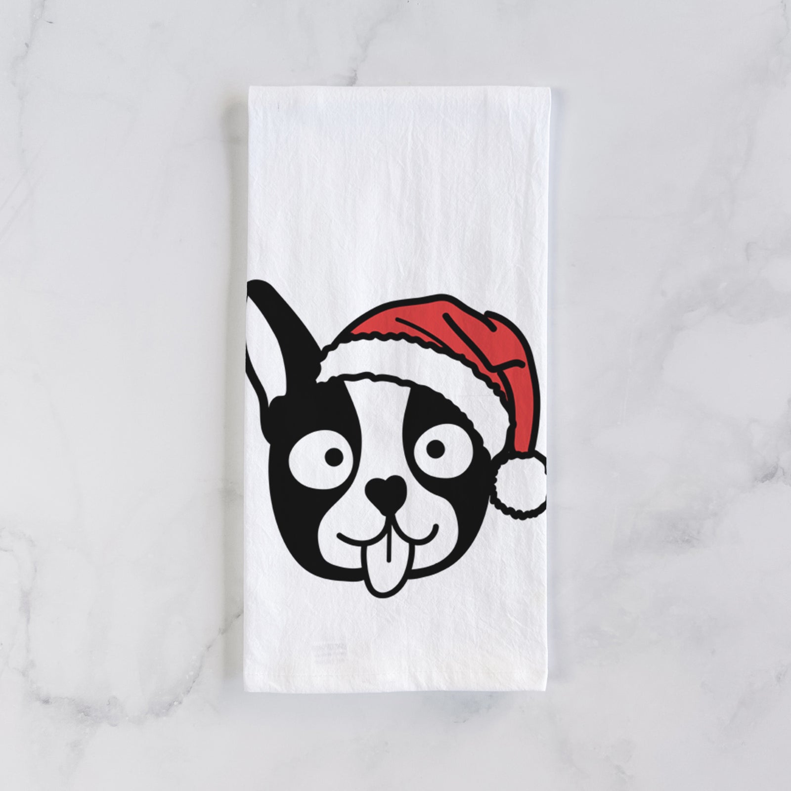 Minimalist line drawing of a Boston Terrier wearing a Santa hat on a tea towel