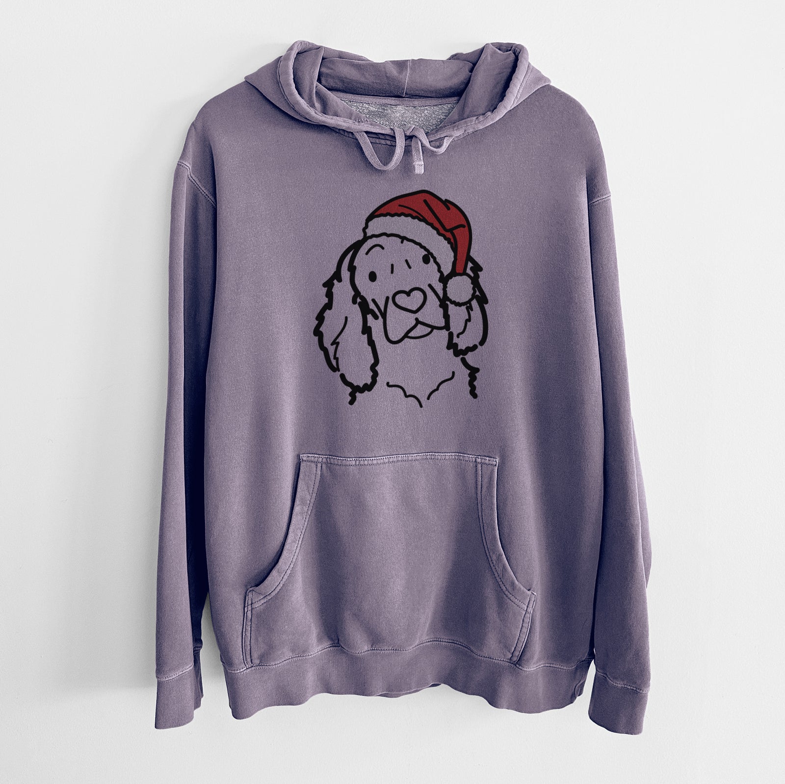 Minimalist line drawing of a Boykin Spaniel wearing a Santa hat on a Plum Unisex pigment dyed hoodie