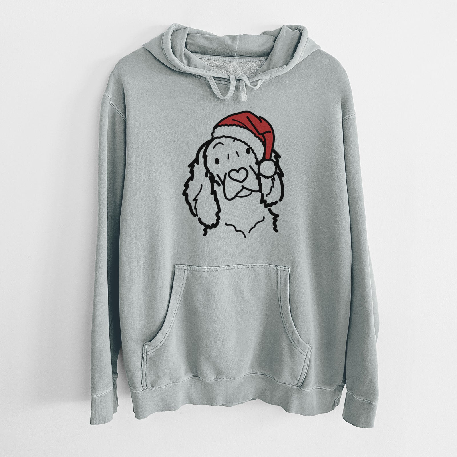 Minimalist line drawing of a Boykin Spaniel wearing a Santa hat on a Sage Unisex pigment dyed hoodie