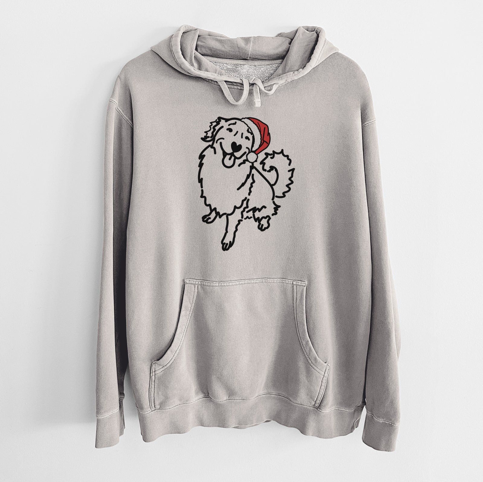 Minimalist line drawing of Brinkley the Golden Retriever wearing a Santa hat on a Cement Unisex pigment dyed hoodie