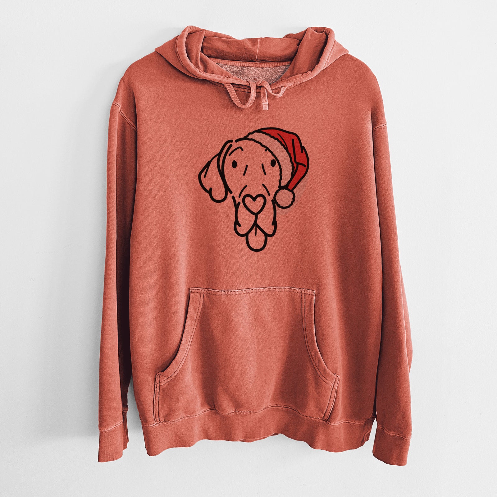 Minimalist line drawing of Bruce the Great Dane wearing a Santa hat on an Amber Unisex pigment dyed hoodie