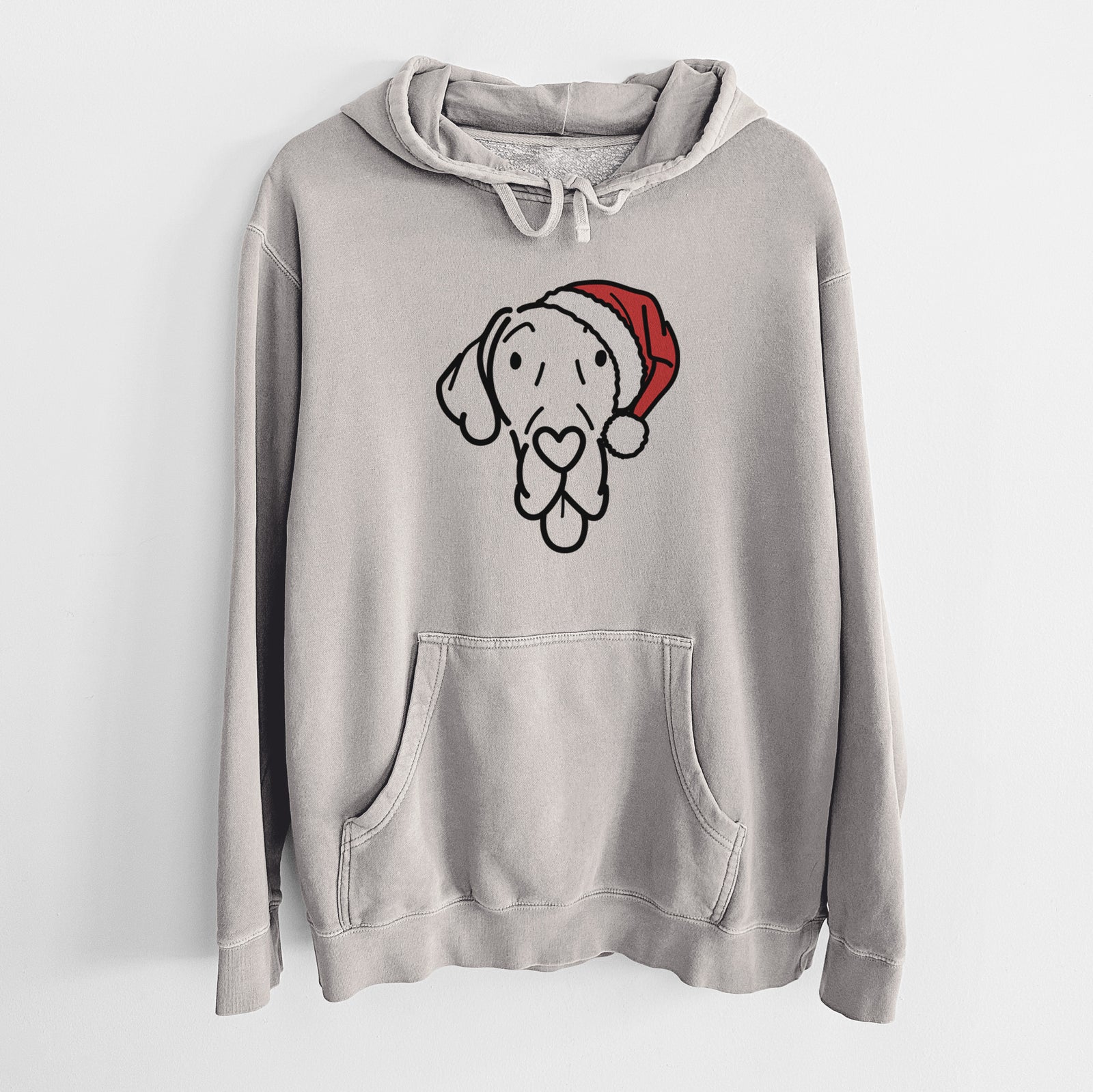 Minimalist line drawing of Bruce the Great Dane wearing a Santa hat on a Cement Unisex pigment dyed hoodie
