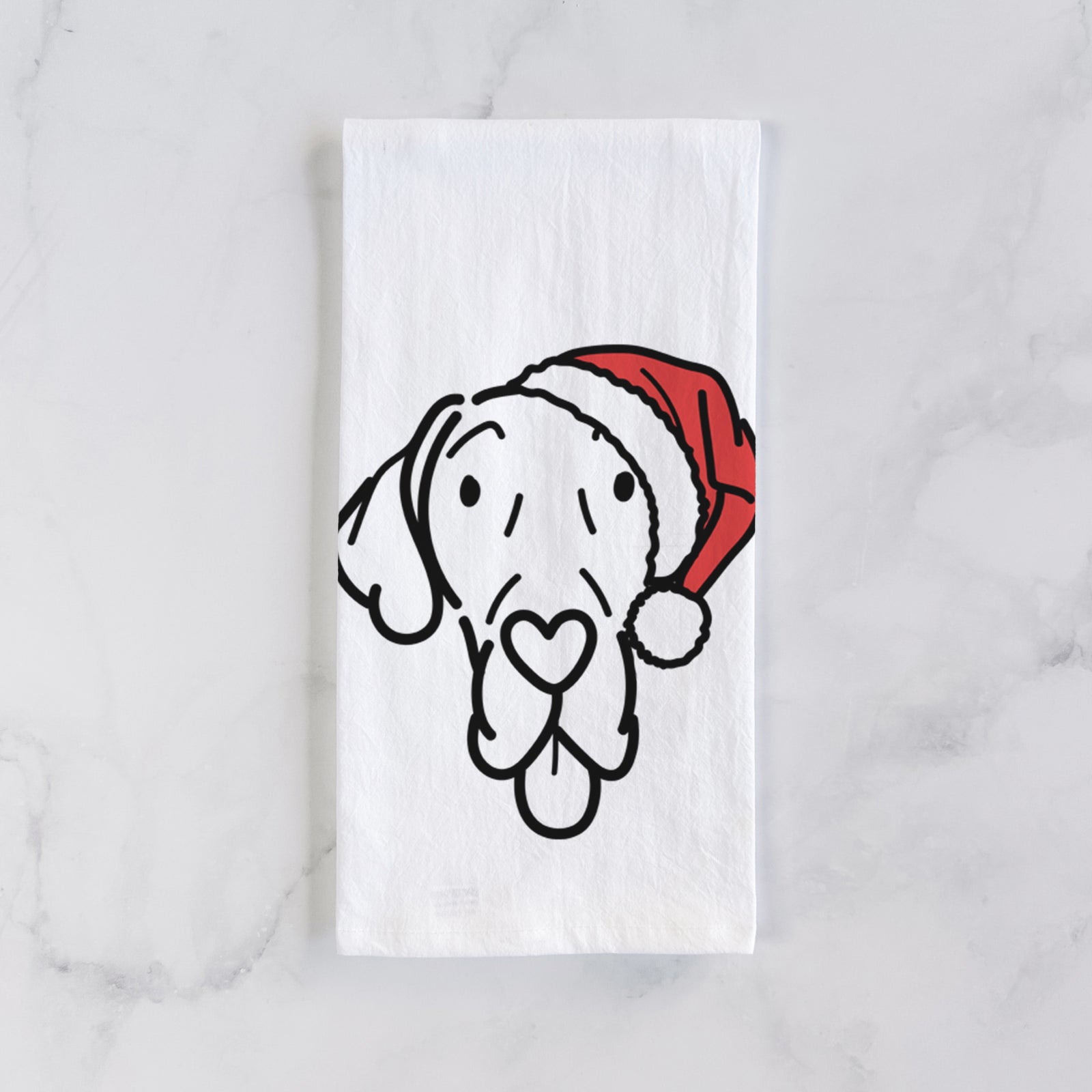 Minimalist line drawing of Bruce the Great Dane wearing a Santa hat on a tea towel