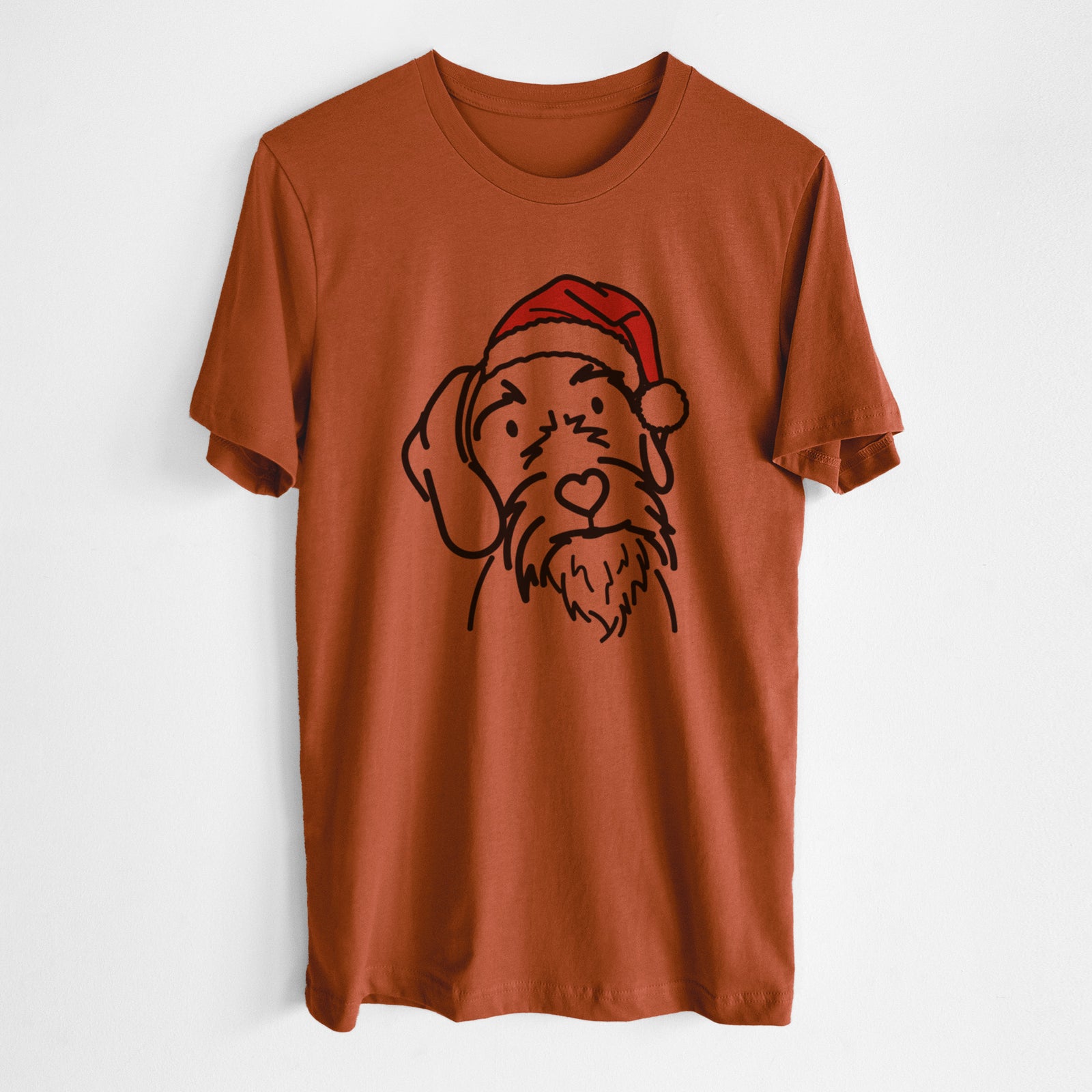 Minimalist line drawing of Buck the German Wirehaired Pointer wearing a Santa hat on an Autumn Unisex crewneck, worn by a man
