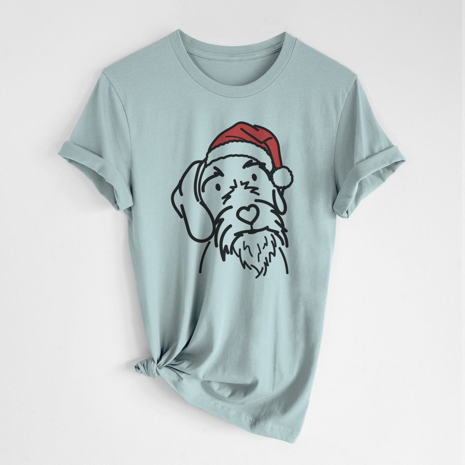 Minimalist line drawing of Buck the German Wirehaired Pointer wearing a Santa hat on a Dusty Blue Unisex crewneck, worn by a woman