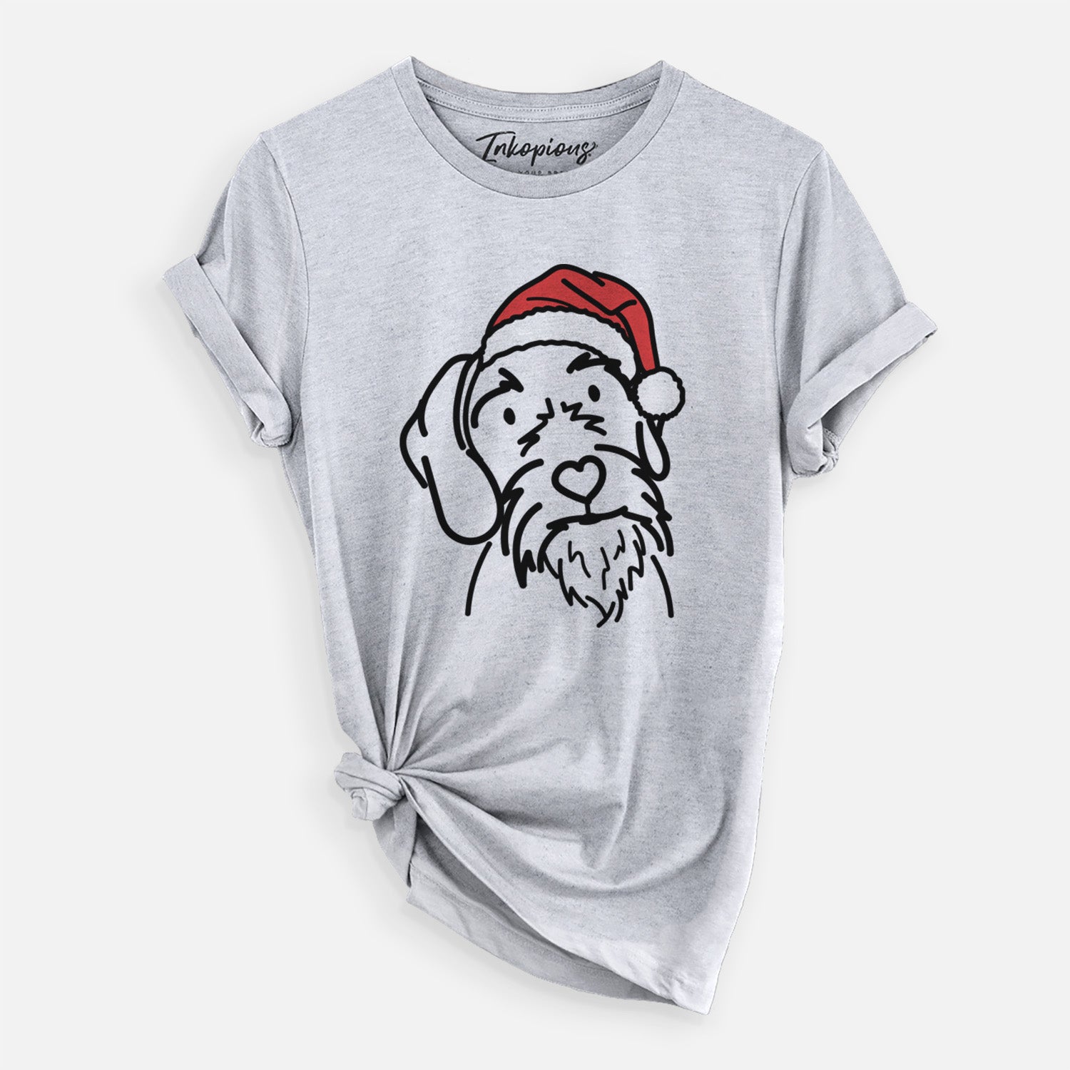 Minimalist line drawing of Buck the German Wirehaired Pointer wearing a Santa hat on a Grey Unisex crewneck, worn by a woman