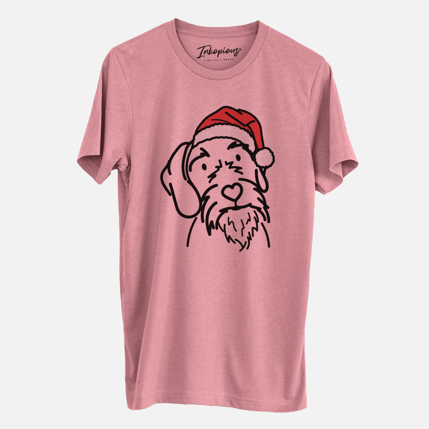 Minimalist line drawing of Buck the German Wirehaired Pointer wearing a Santa hat on a Mauve Unisex crewneck, worn by a man