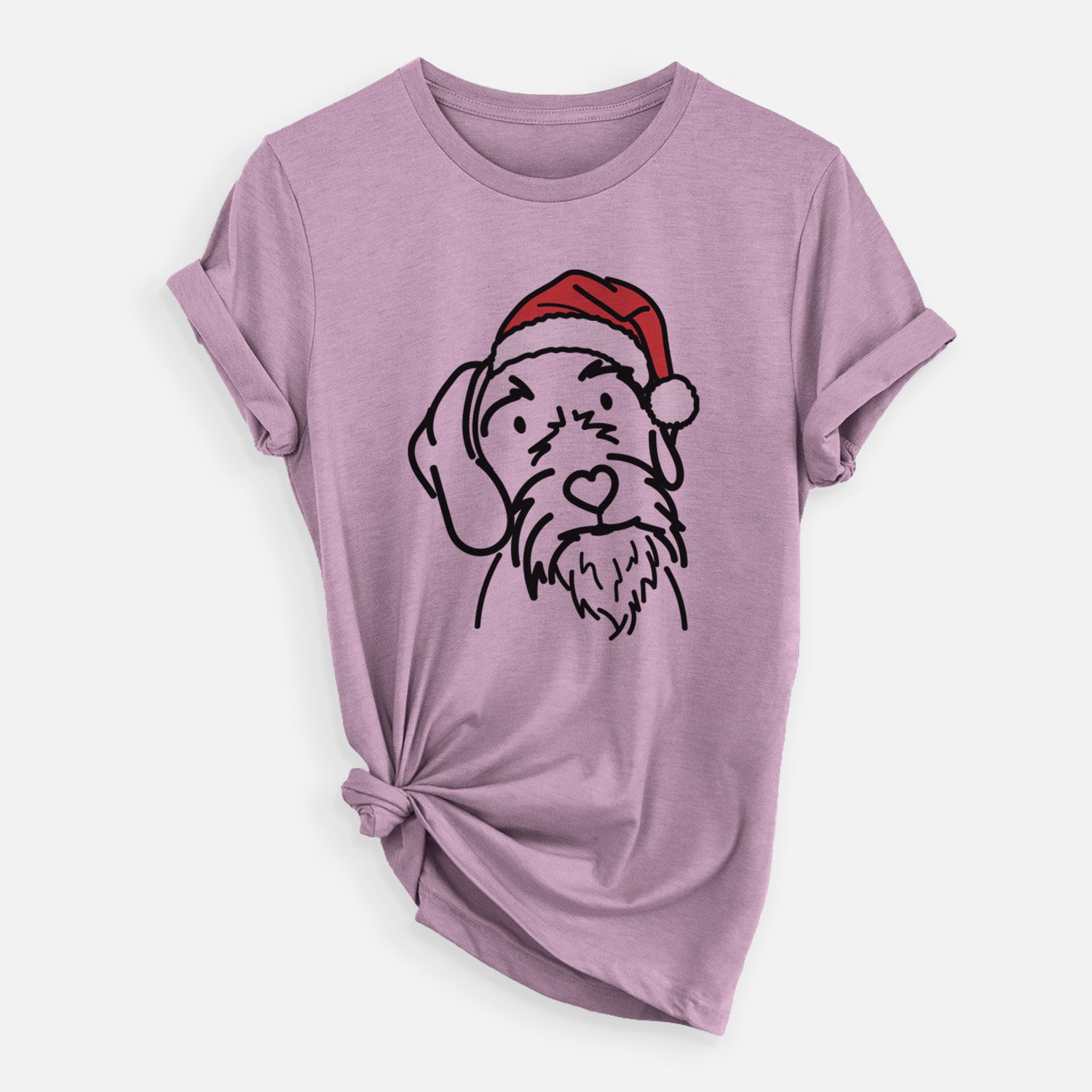 Minimalist line drawing of Buck the German Wirehaired Pointer wearing a Santa hat on an Orchid Unisex crewneck, worn by a woman