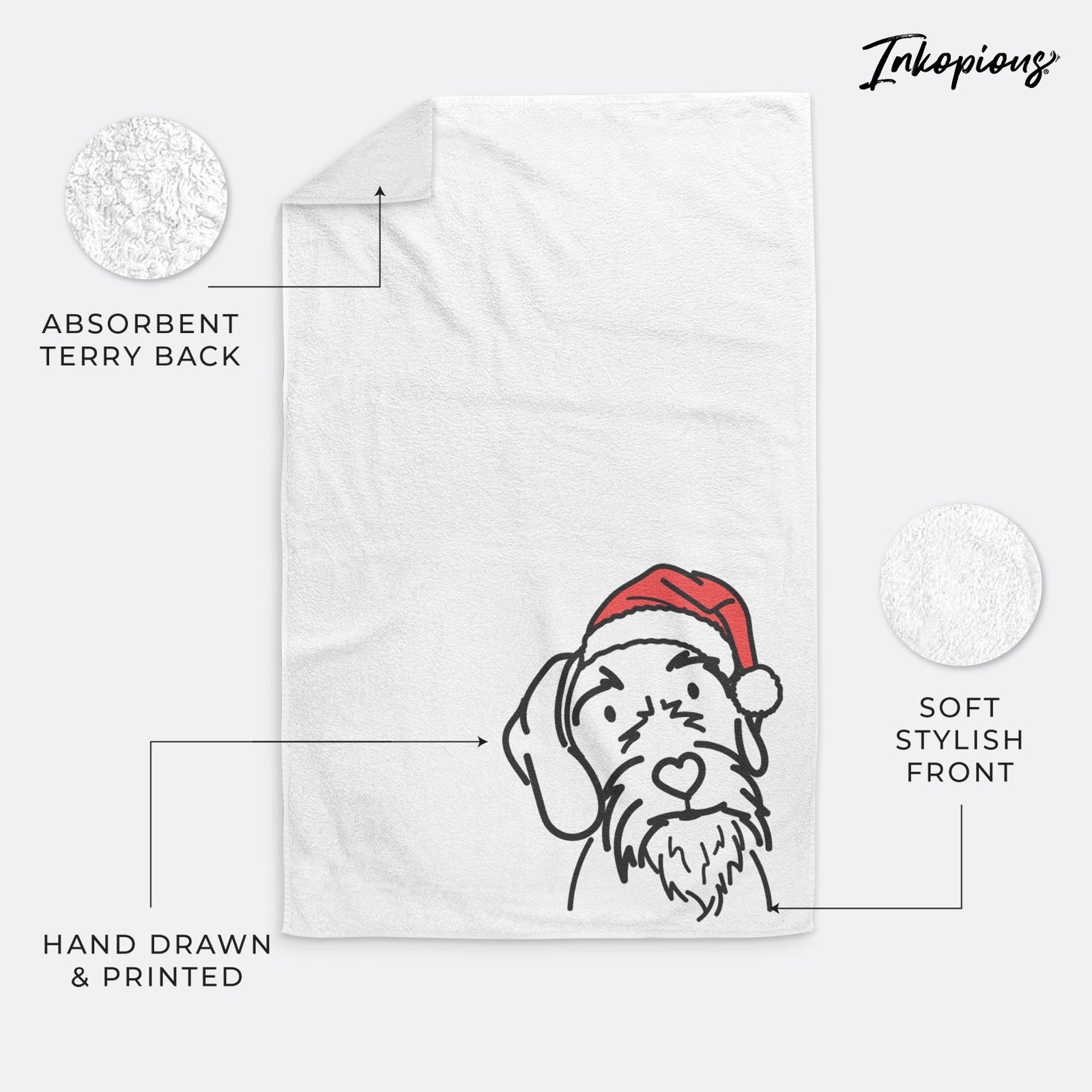 Minimalist line drawing of Buck the German Wirehaired Pointer wearing a Santa hat on a hand towel