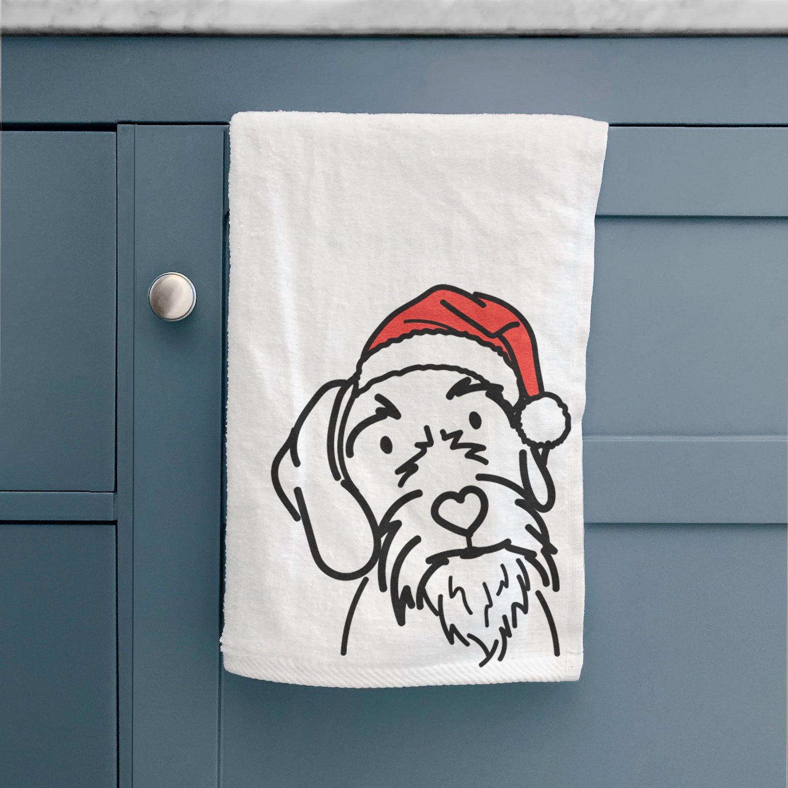 Minimalist line drawing of Buck the German Wirehaired Pointer wearing a Santa hat on a hand towel