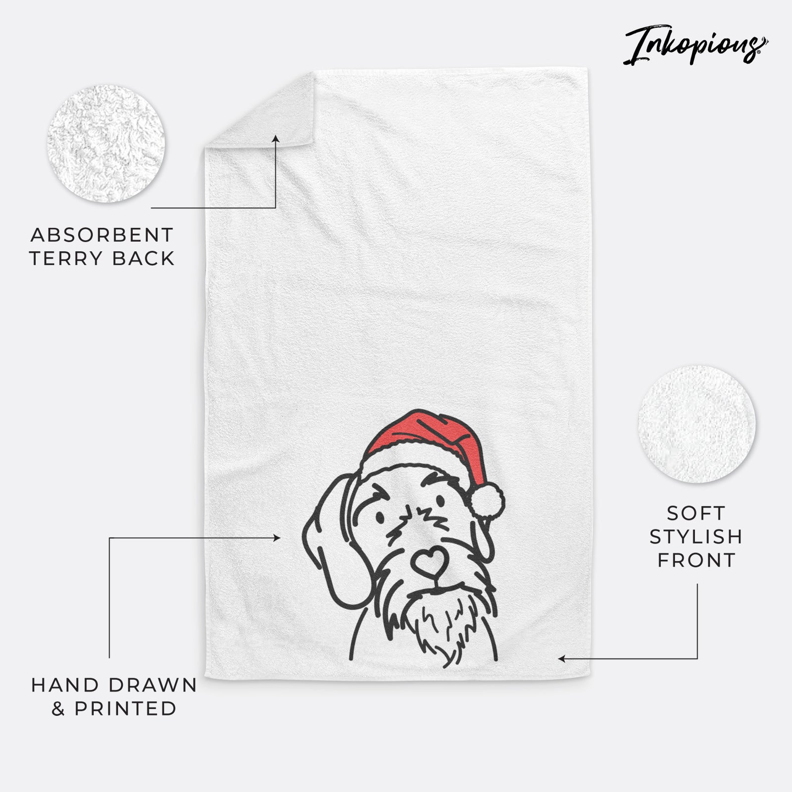 Minimalist line drawing of Buck the German Wirehaired Pointer wearing a Santa hat on a hand towel