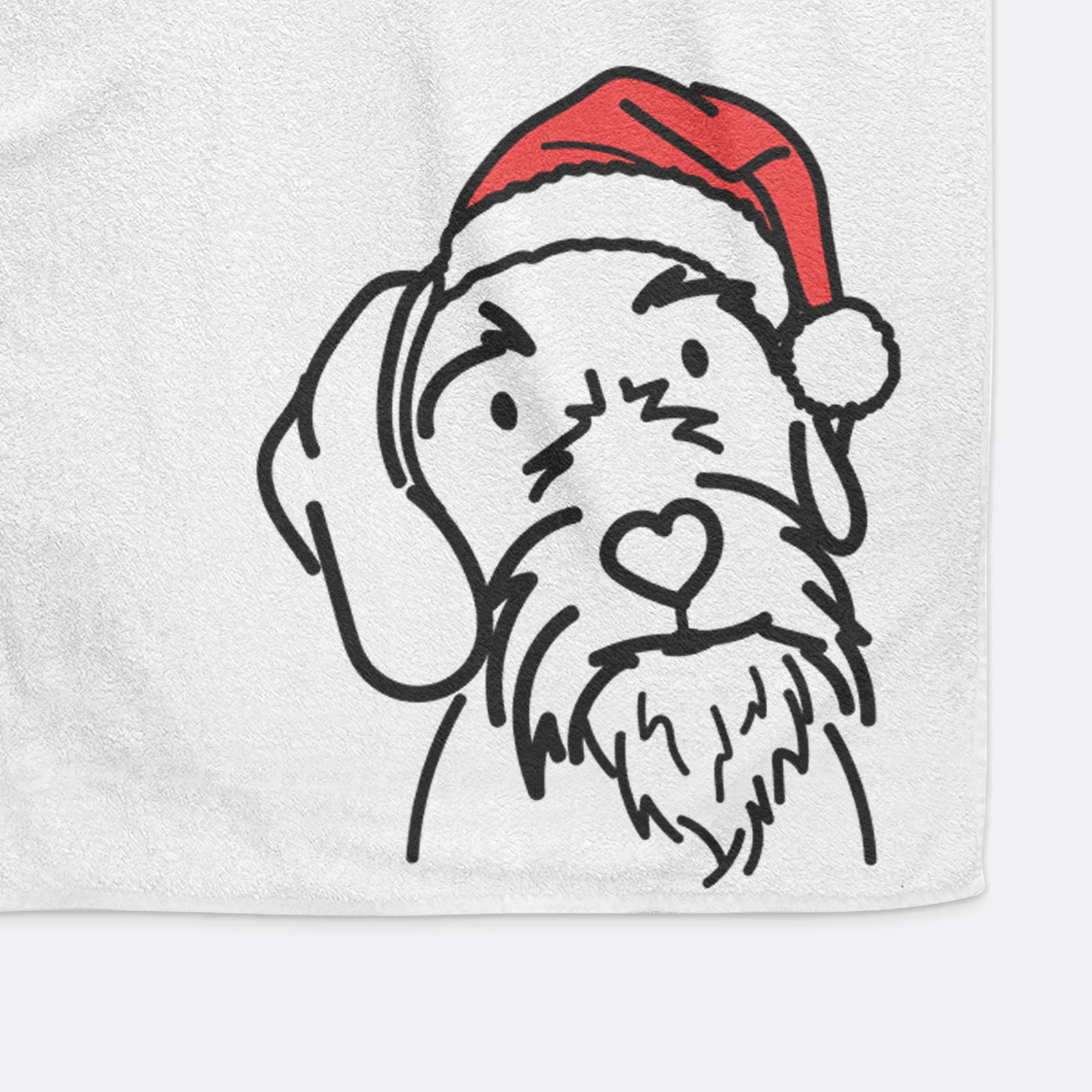 Minimalist line drawing of Buck the German Wirehaired Pointer wearing a Santa hat on a hand towel