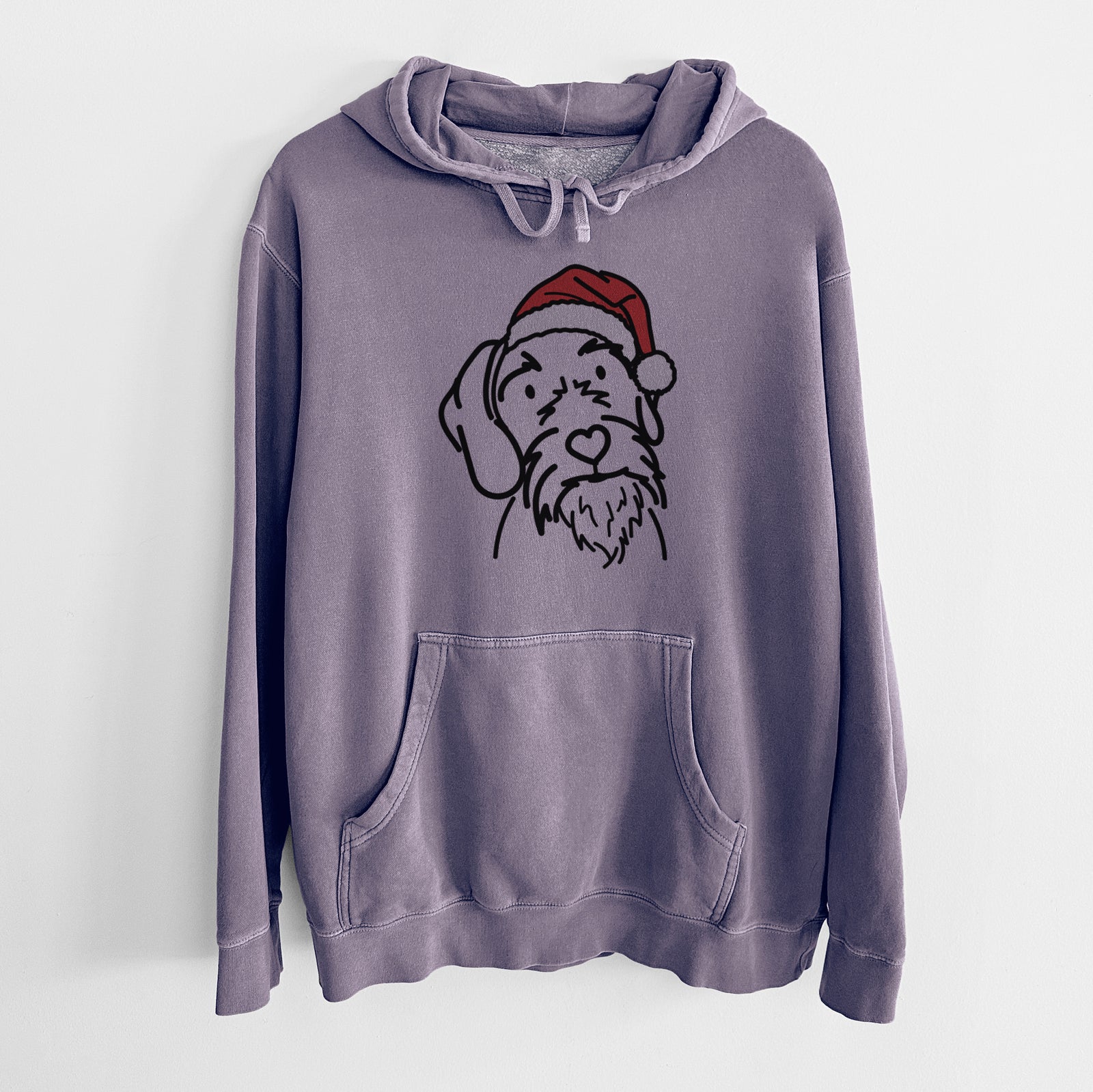 Minimalist line drawing of Buck the German Wirehaired Pointer wearing a Santa hat on a Plum Unisex pigment dyed hoodie