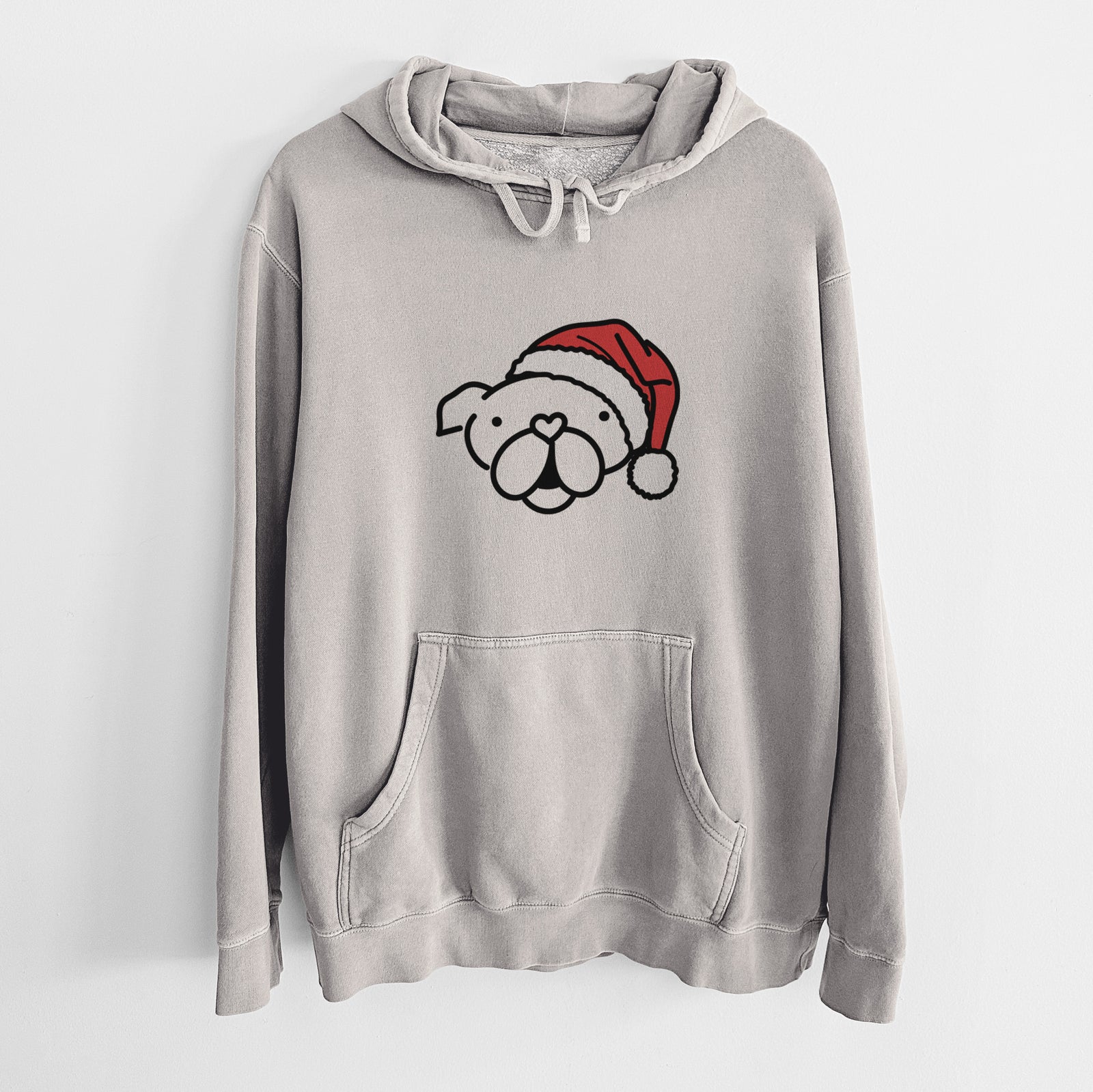 Minimalist line drawing of an English Bulldog wearing a Santa hat on a Cement Unisex pigment dyed hoodie