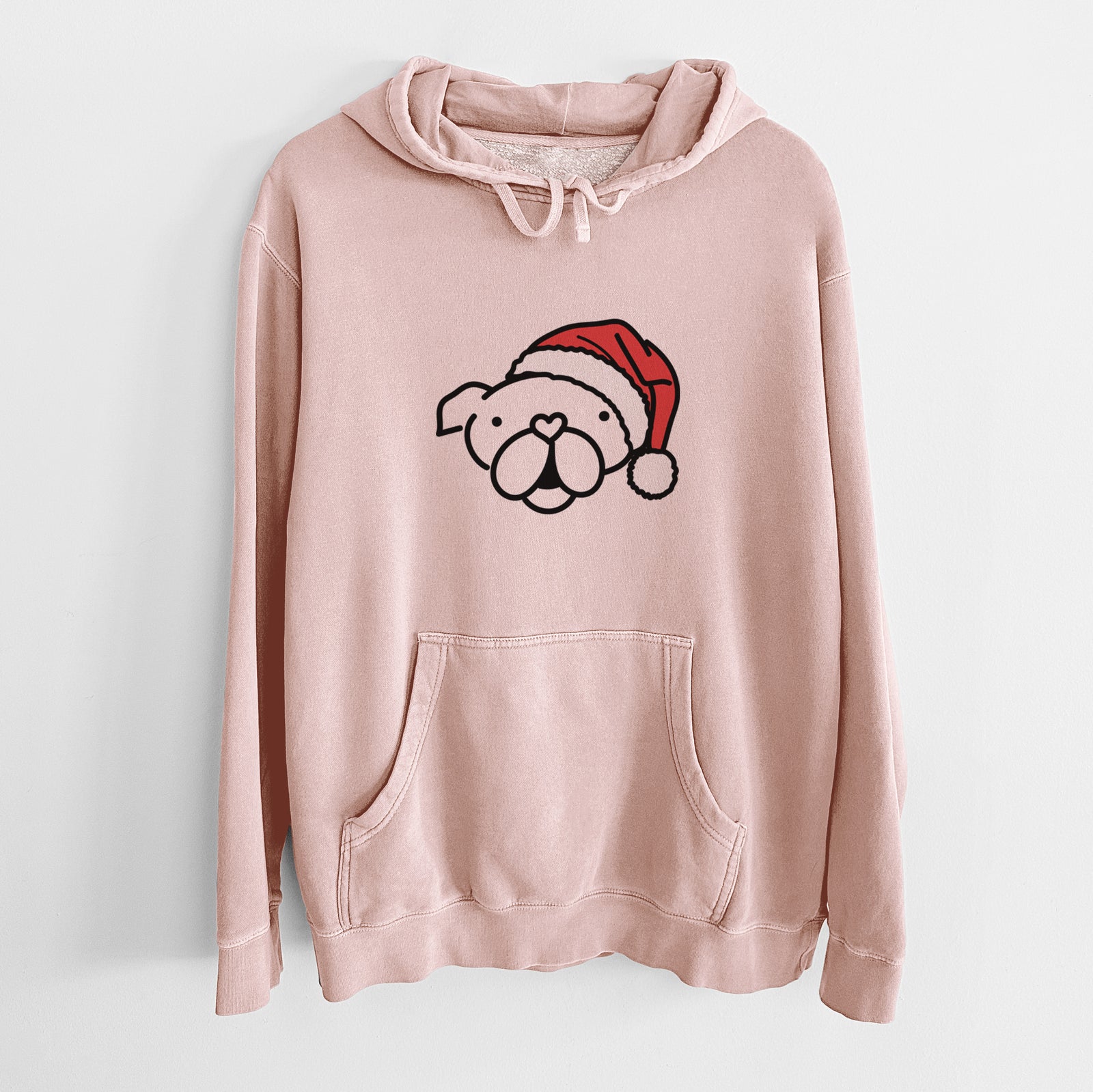Minimalist line drawing of an English Bulldog wearing a Santa hat on a Dusty Pink Unisex pigment dyed hoodie