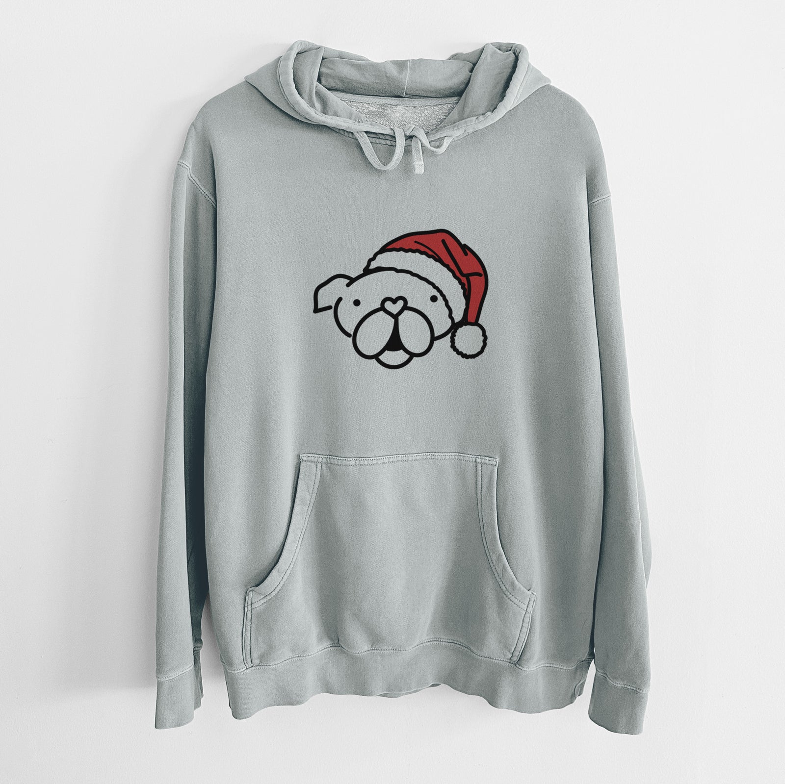 Minimalist line drawing of an English Bulldog wearing a Santa hat on a Sage Unisex pigment dyed hoodie