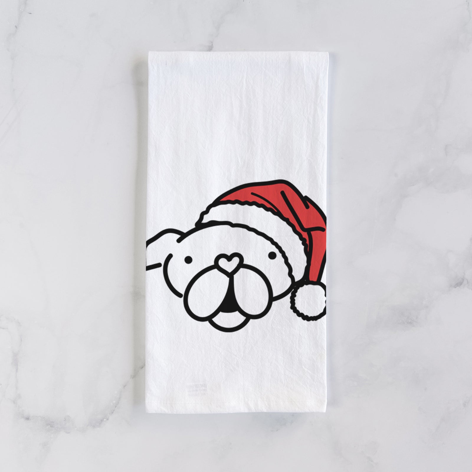 Minimalist line drawing of an English Bulldog wearing a Santa hat on a tea towel
