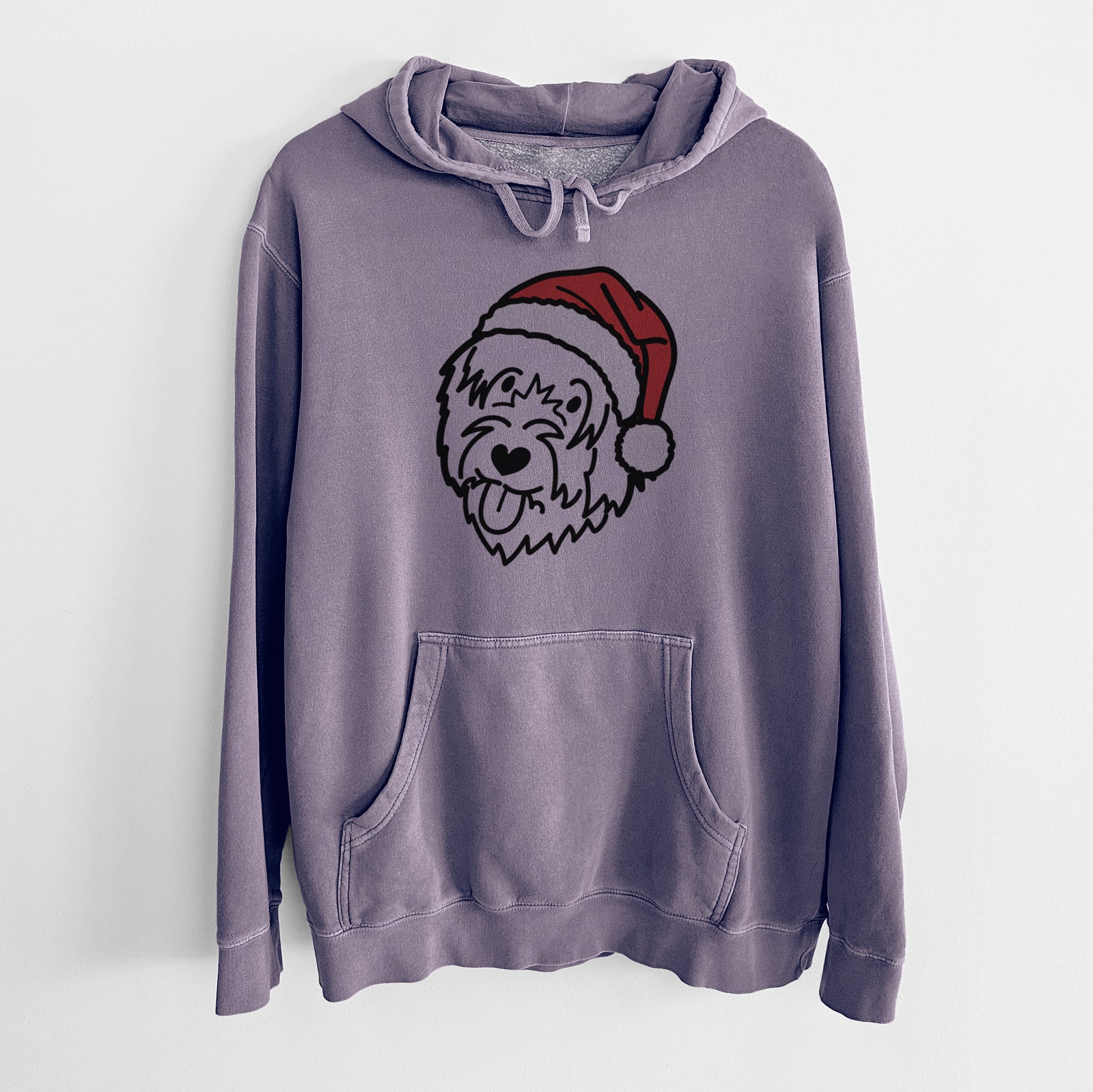 Minimalist line drawing of a Catalan Sheepdog wearing a Santa hat on a Plum Unisex pigment dyed hoodie