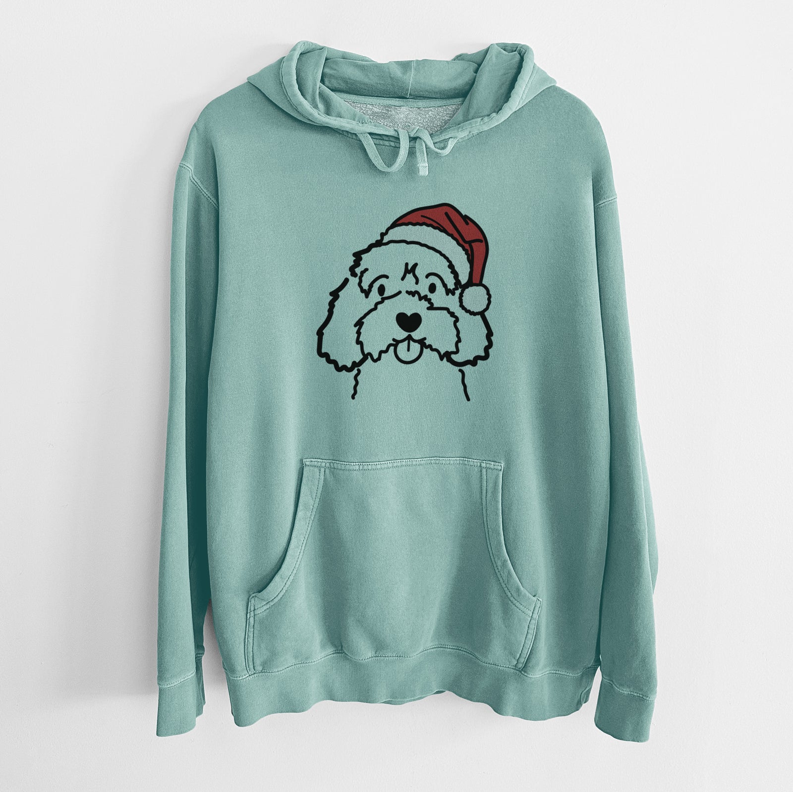 Minimalist line drawing of a Cavapoo wearing a Santa hat on a Mint Unisex pigment dyed hoodie