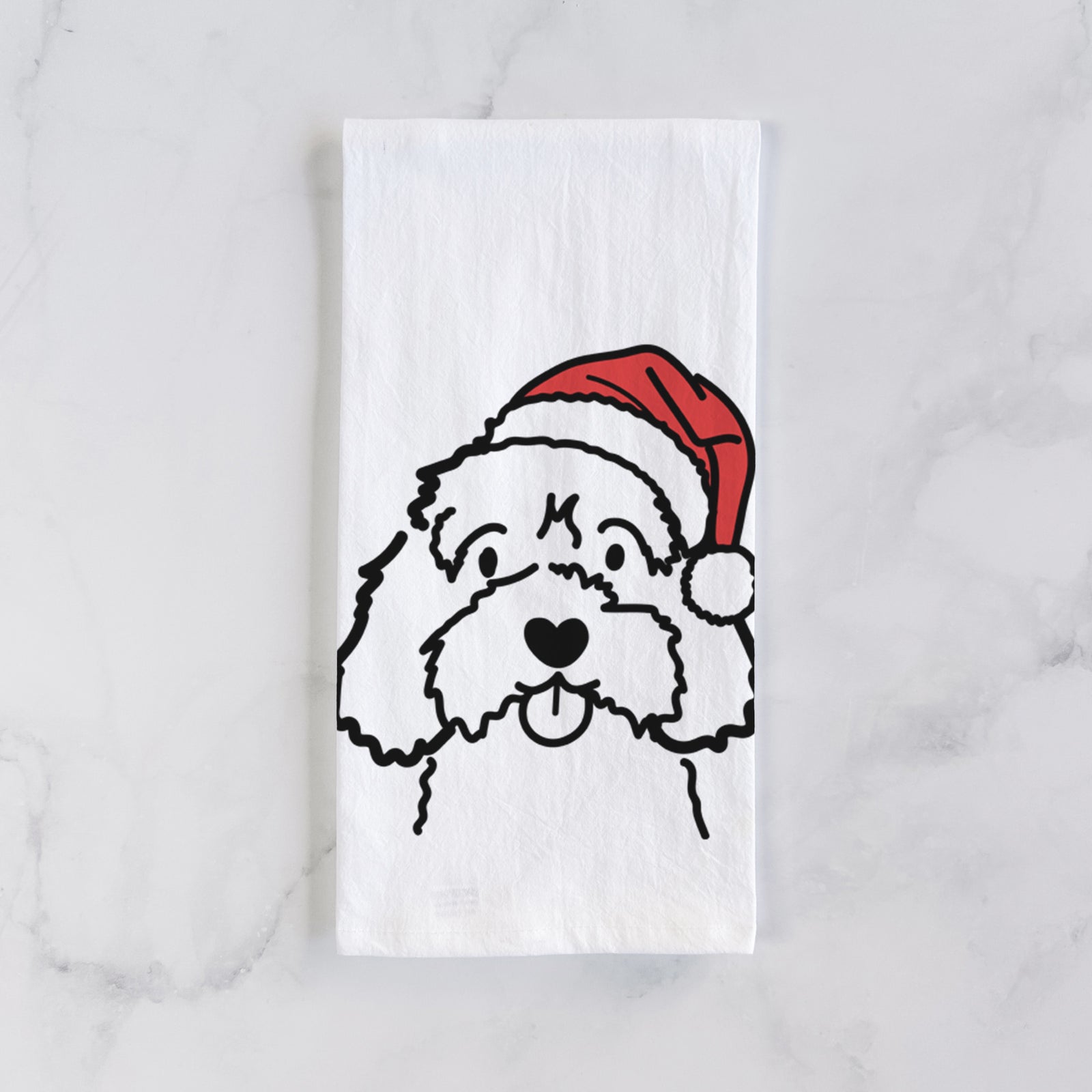 Minimalist line drawing of a Cavapoo wearing a Santa hat on a tea towel