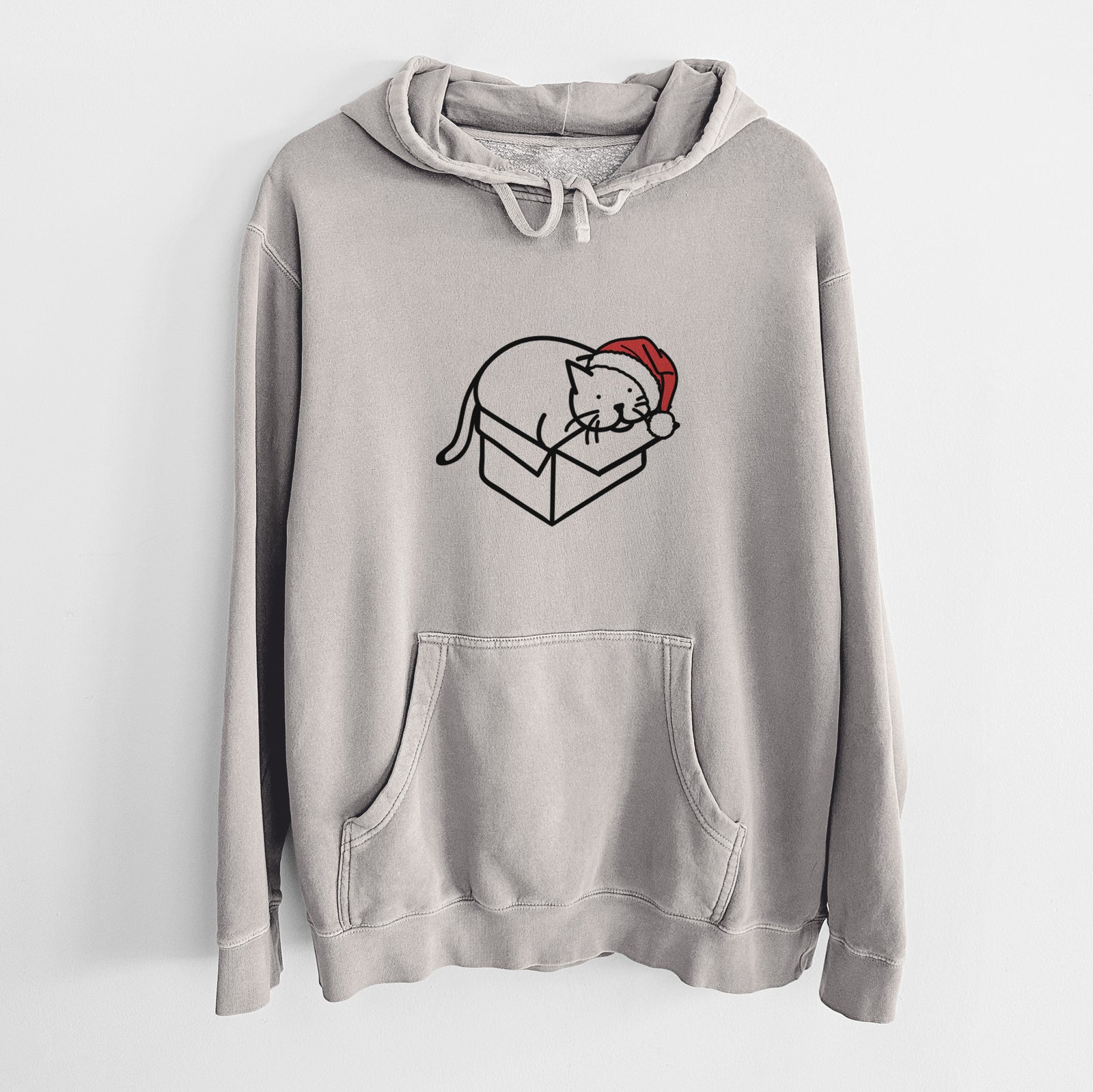 Minimalist line drawing of Charlie the Cat in a Box wearing a Santa hat on a Cement Unisex pigment dyed hoodie