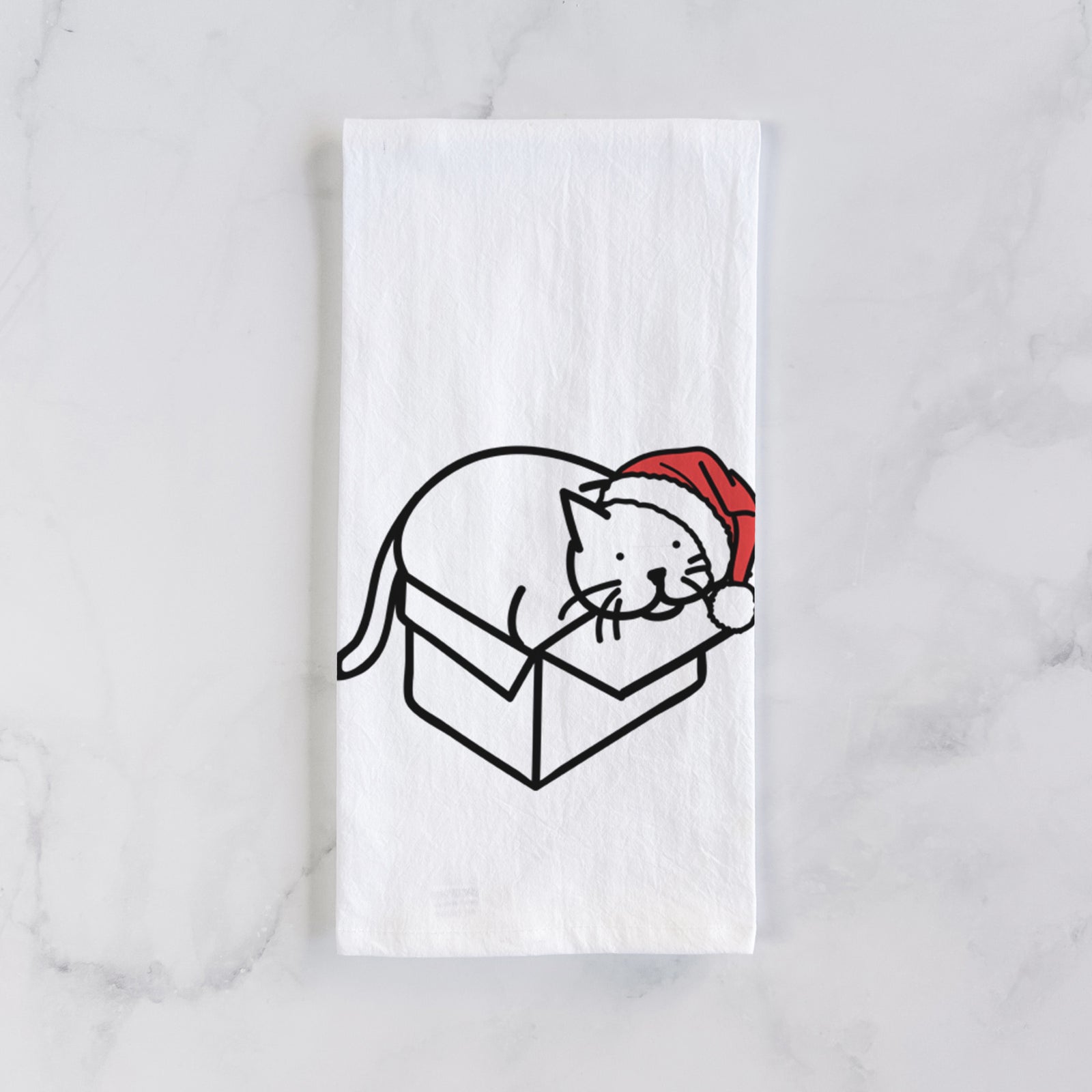 Minimalist line drawing of Charlie the Cat in a Box wearing a Santa hat on a tea towel