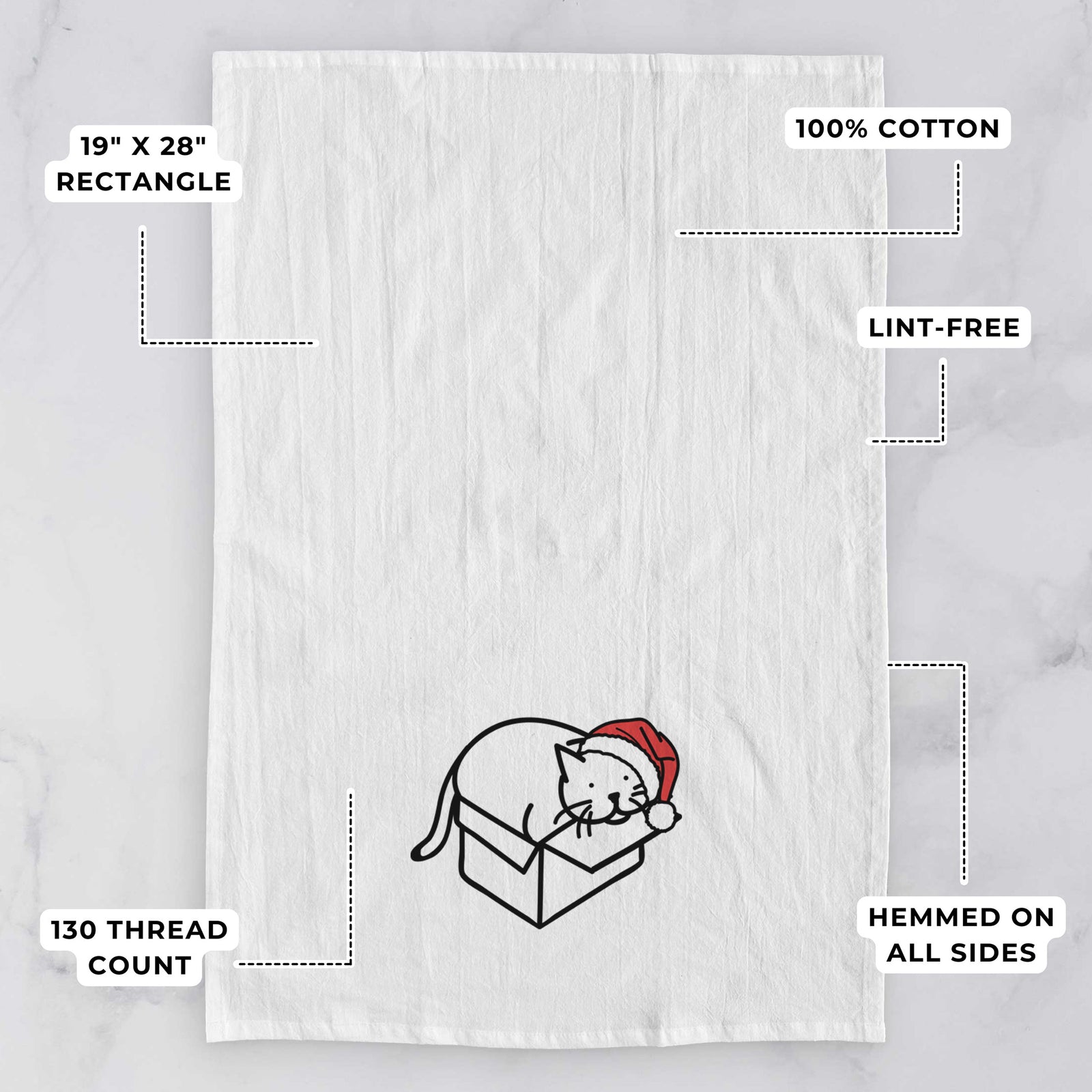 Minimalist line drawing of Charlie the Cat in a Box wearing a Santa hat on a tea towel, with feature callouts: 19 x 28 inch rectangle, 100% cotton, lint-free, 120 thread count, hemmed on all sides