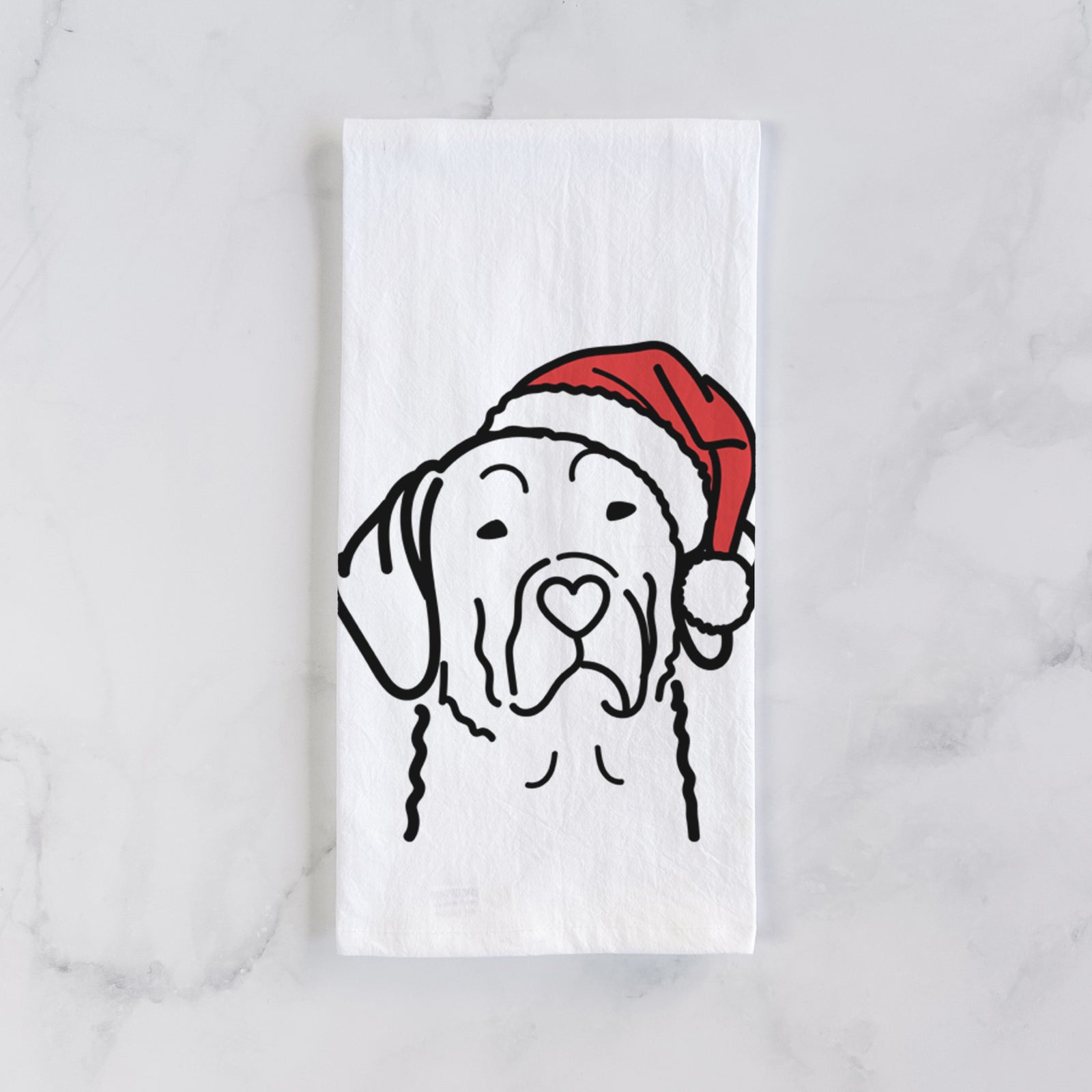 Minimalist line drawing of a Chesapeake Bay Retriever wearing a Santa hat on a tea towel