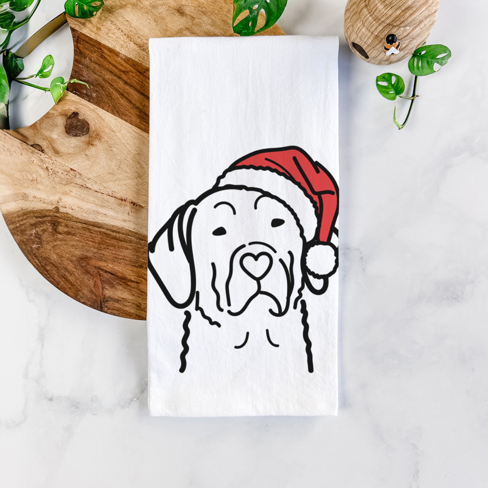 Minimalist line drawing of a Chesapeake Bay Retriever wearing a Santa hat on a tea towel
