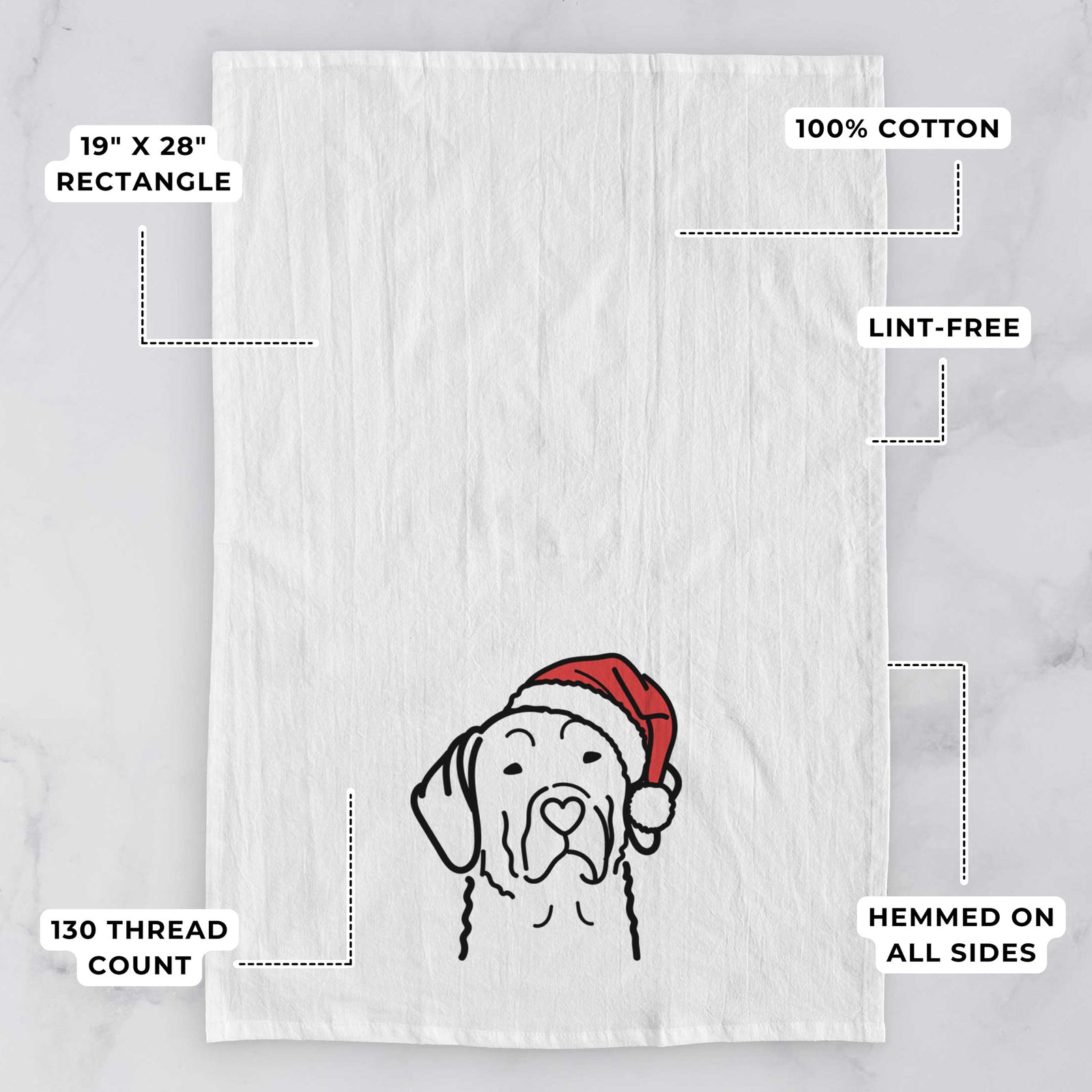 Minimalist line drawing of a Chesapeake Bay Retriever wearing a Santa hat on a tea towel, with feature callouts: 19 x 28 inch rectangle, 100% cotton, lint-free, 120 thread count, hemmed on all sides
