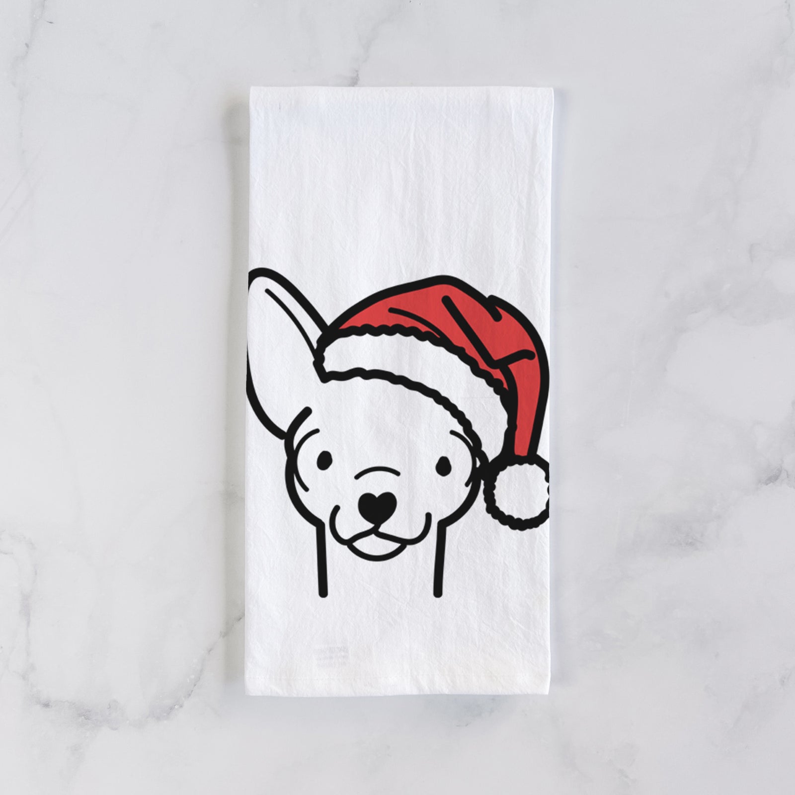 Minimalist line drawing of a Chihuahua wearing a Santa hat on a tea towel