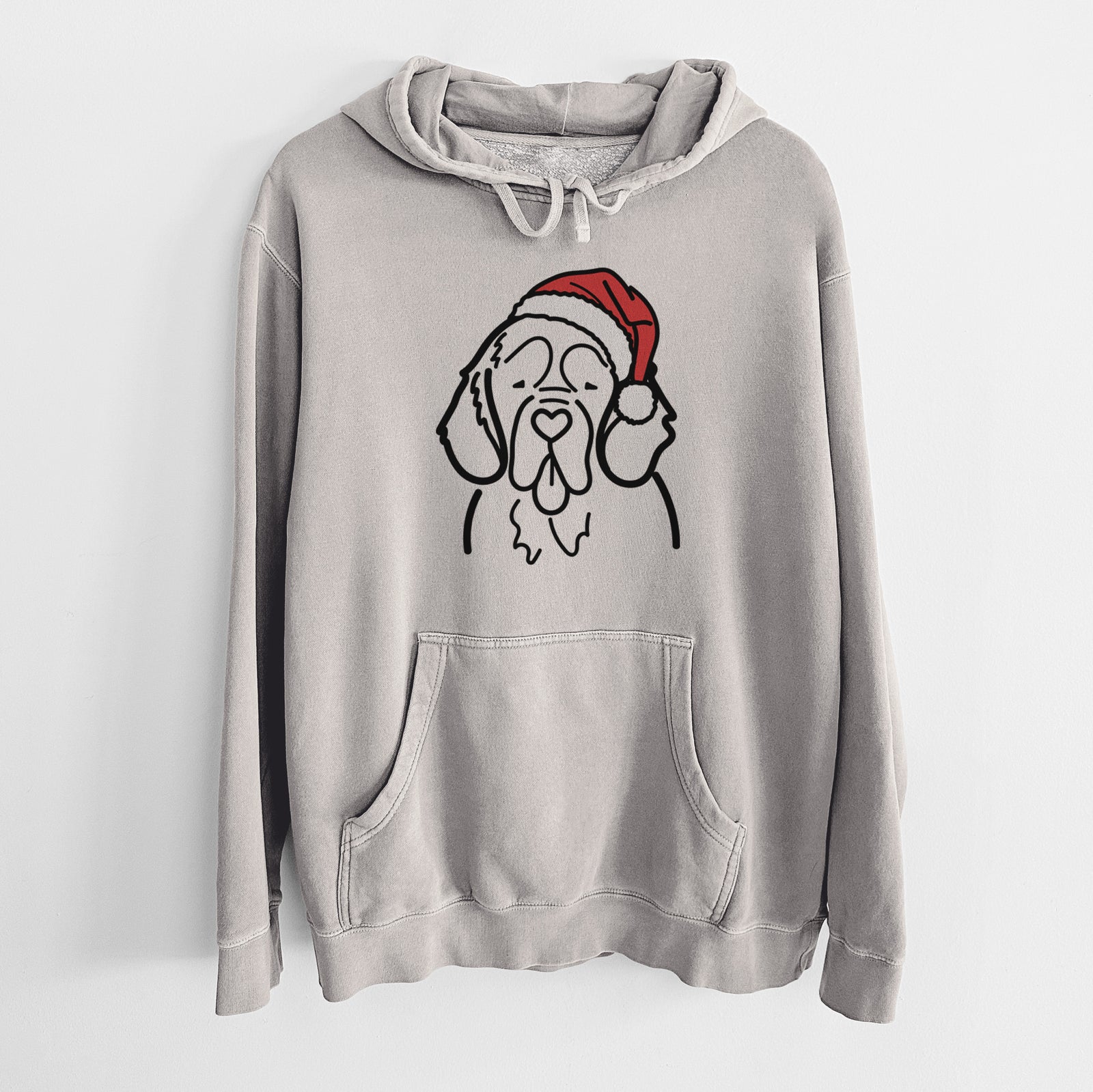 Minimalist line drawing of a Clumber Spaniel wearing a Santa hat on a Cement Unisex pigment dyed hoodie