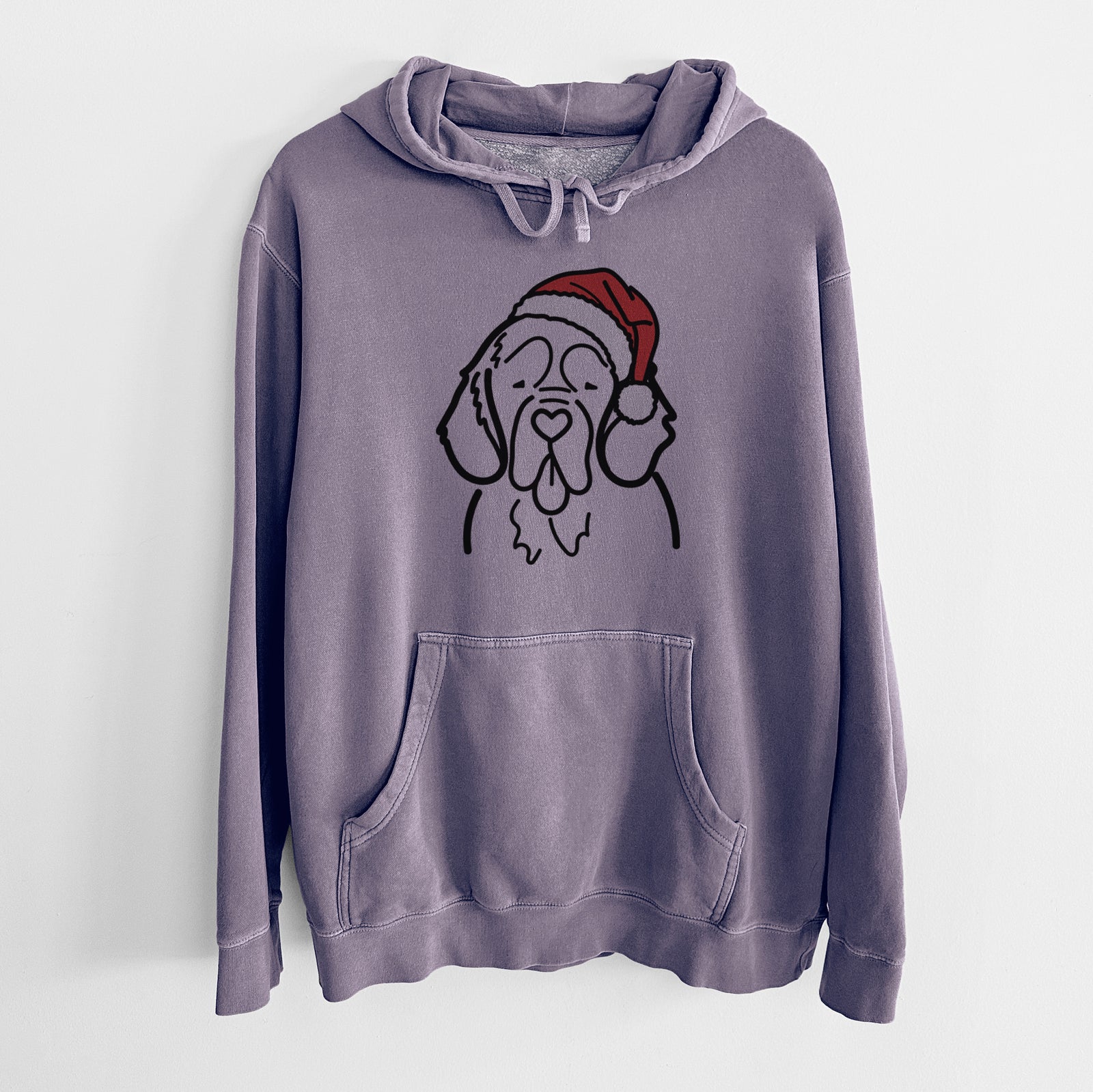 Minimalist line drawing of a Clumber Spaniel wearing a Santa hat on a Plum Unisex pigment dyed hoodie