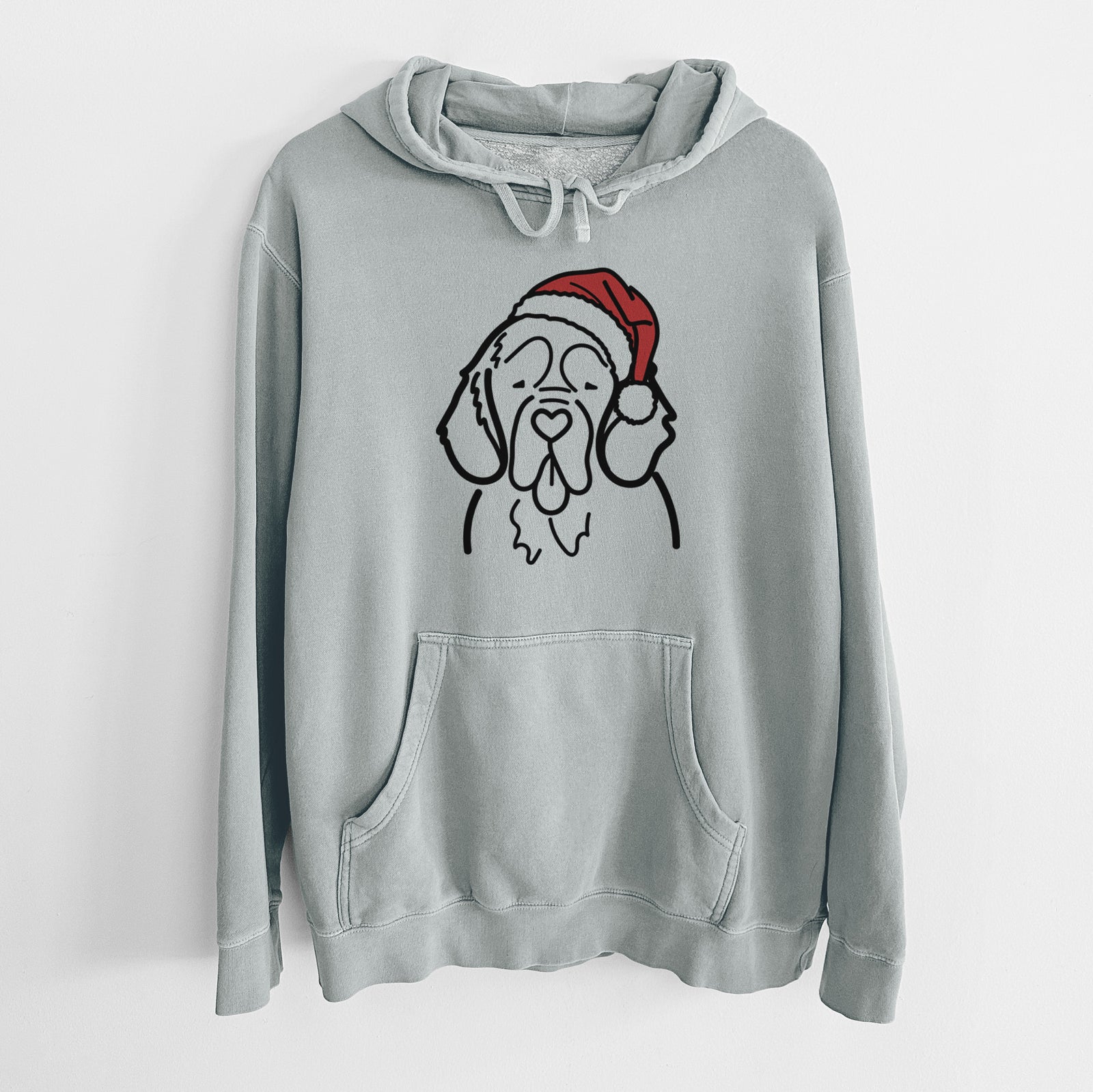 Minimalist line drawing of a Clumber Spaniel wearing a Santa hat on a Sage Unisex pigment dyed hoodie