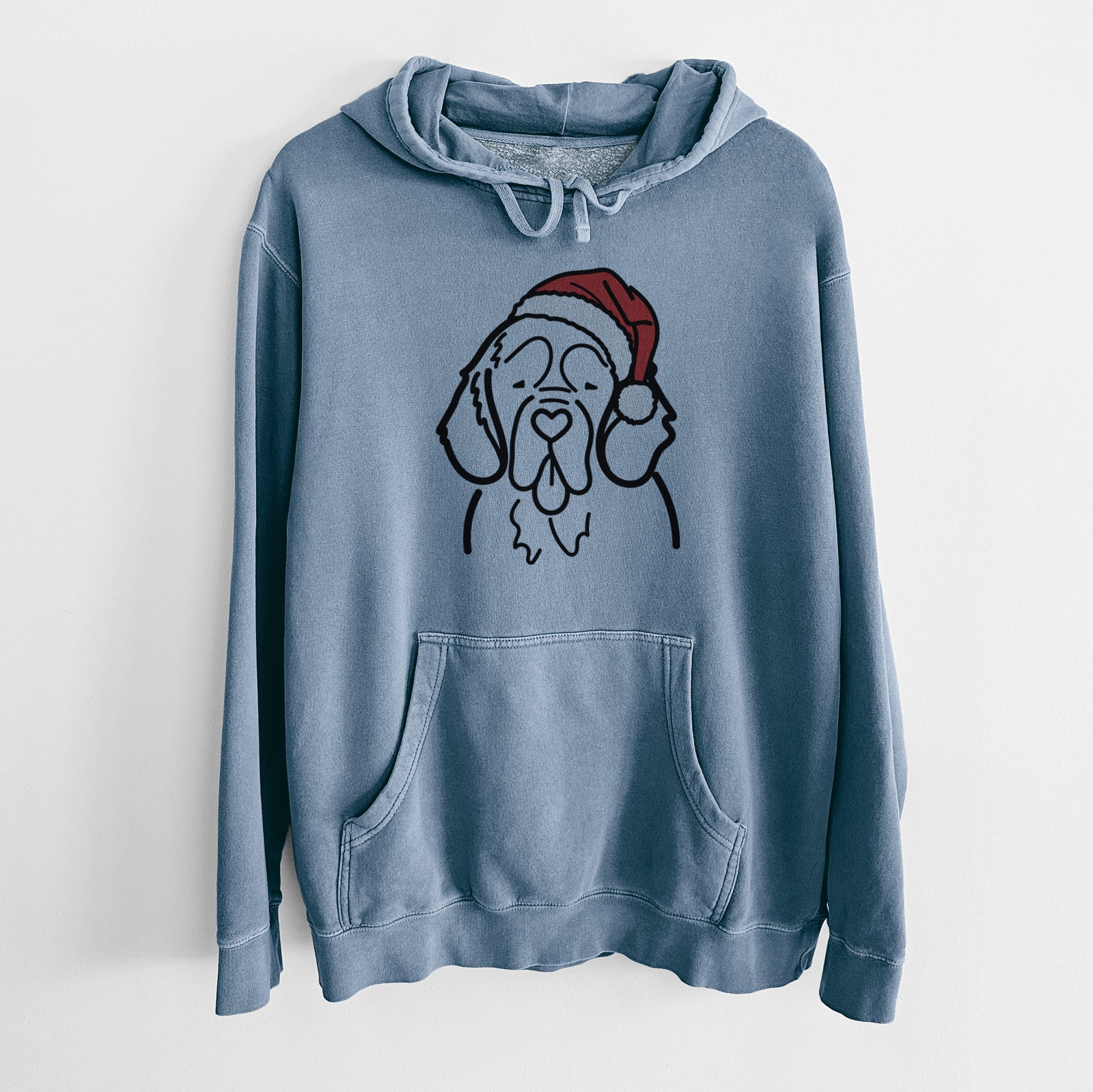 Minimalist line drawing of a Clumber Spaniel wearing a Santa hat on a Slate Blue Unisex pigment dyed hoodie